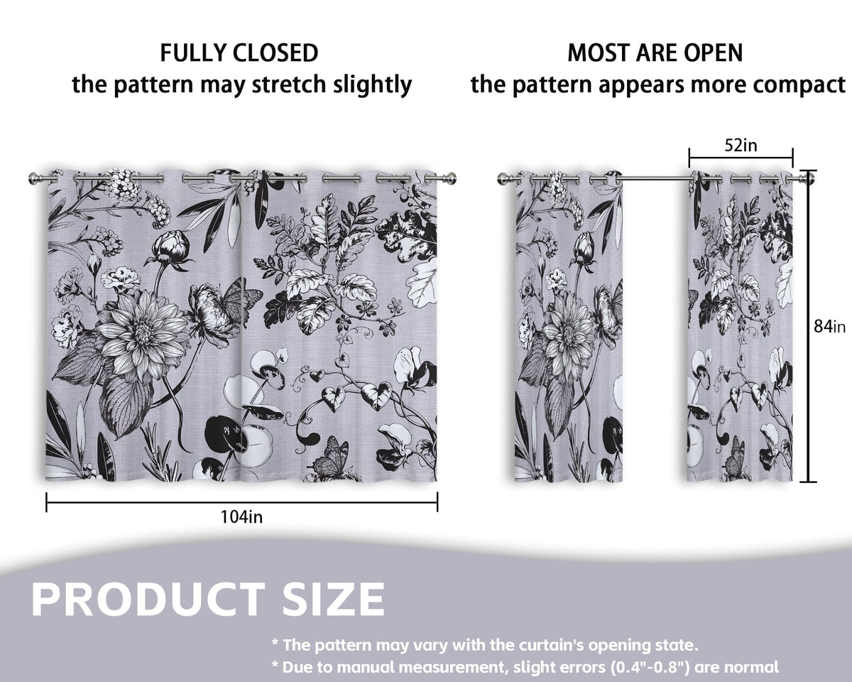 soeeao Light Grey Vintage Botanical Blackout Curtains Patterned Grey and White Floral Window Drapes for Bedroom Living Room, 84 inch Length 2 Panels Set, 52x84 inch