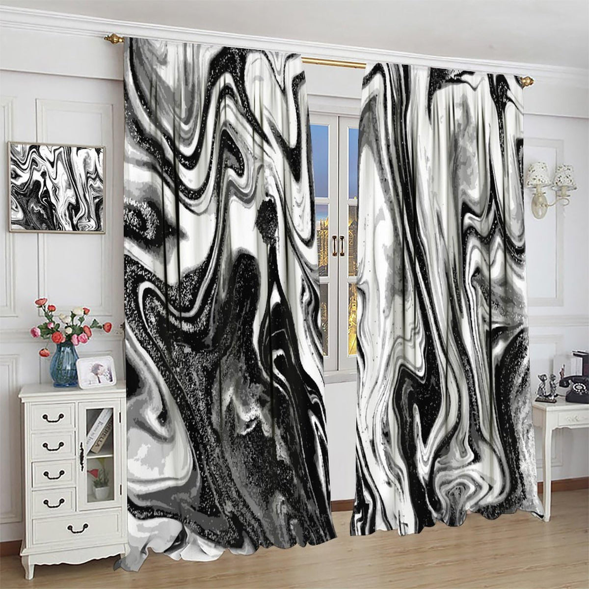 Kurtect Marble Blackout Curtain,Black and White Abstract Aesthetic Print Watercolor Window Curtains for Bedroom Cafe Dining Room Office Living Room Kitchen Drapes,42x45 in