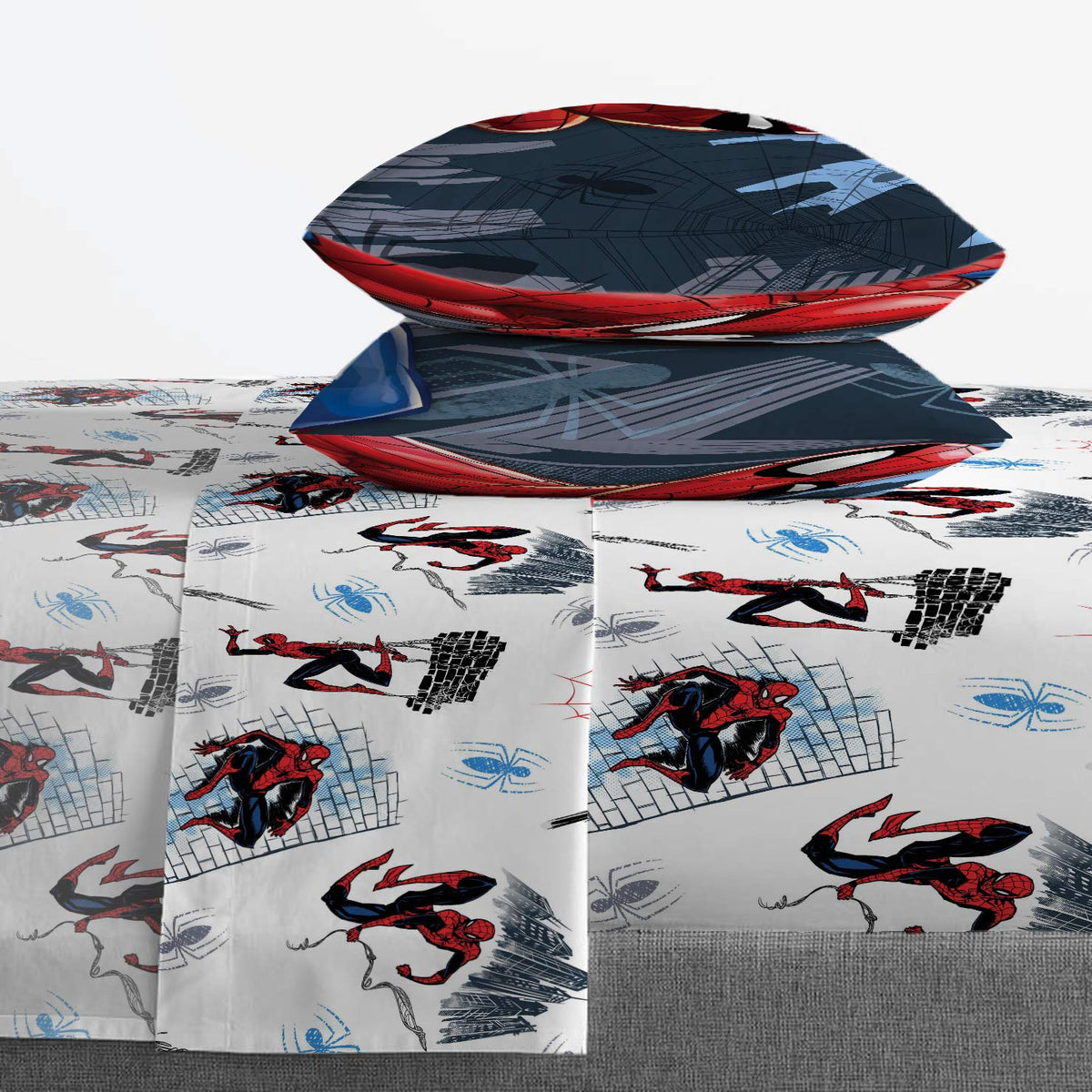 Jay Franco Kids Sheet Set with Fitted, Flat Sheets & Pillow Cover - Ultra-Soft Bedding with Pillowcase for Room Decor, White - Spiderman, 4 Piece Queen