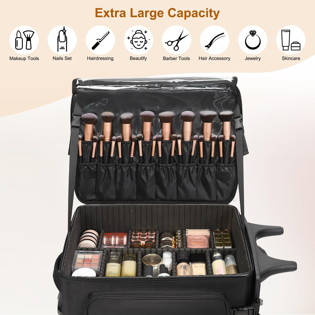 Relavel Rolling Makeup Case with Makeup Brush Case, Large Make Up Travel Organizer with 2 big Wheels, Professional Lockable Makeup Artist Backpack with Adjustable Dividers for Daily Use, Trip - Black