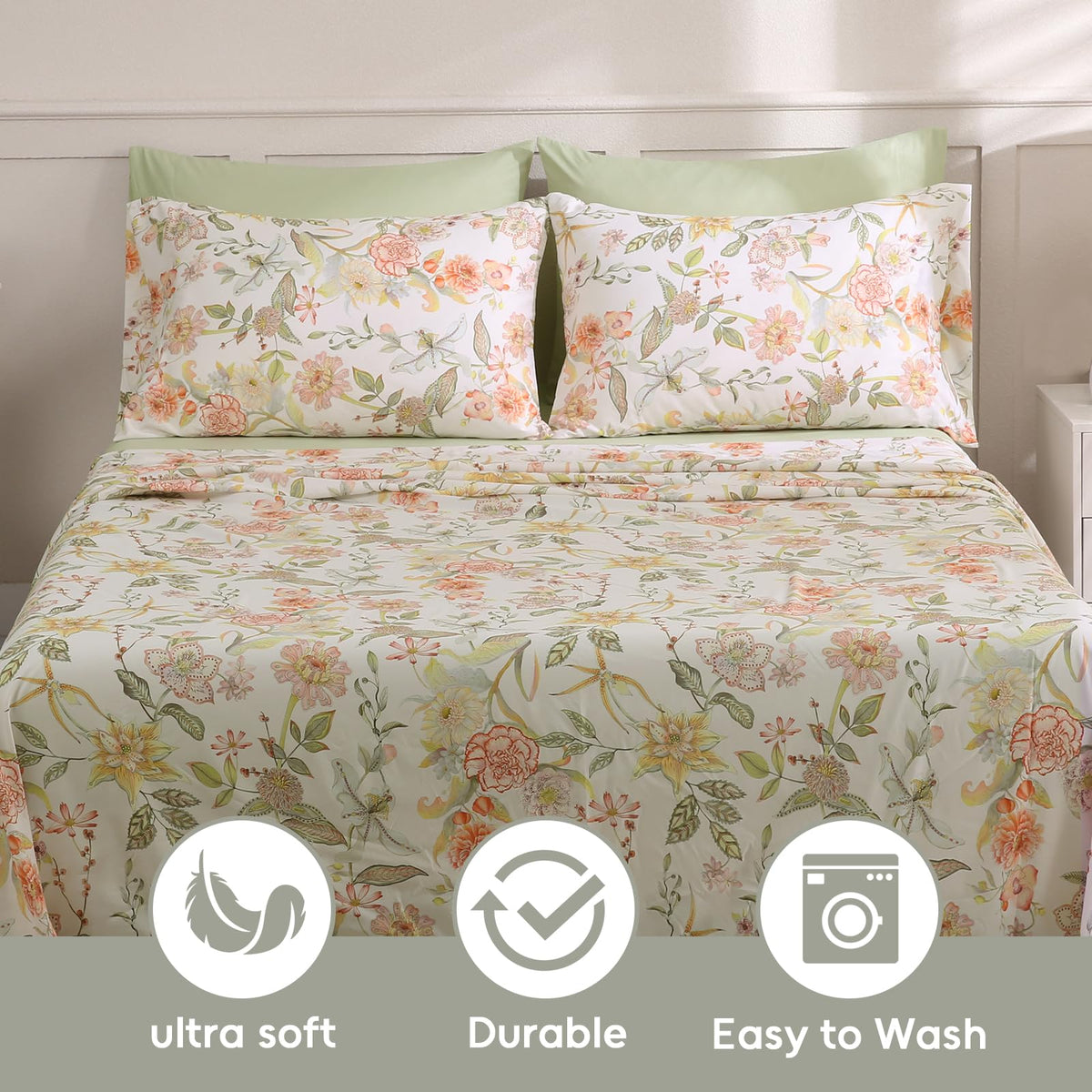 LONAVA Floral King Size 6 Pcs Sheet Set, Breathable Microfiber Deep Pocket Glass Green Fitted Sheets, Comfy & Breathable Patterned Flat Sheets,4 Gentle Soft Pillowcases, Fall Floral
