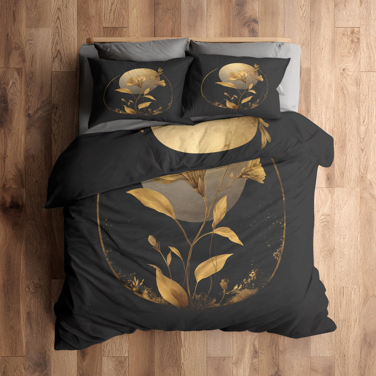 Golden Floral Moon Full Duvet Cover Set 3 Piece, Black Flower Reversible Bedding with 2 Pillow Shams, Zipper & Ties, Ultra Soft Microfiber, Floral Bedroom Decorations 69A-R