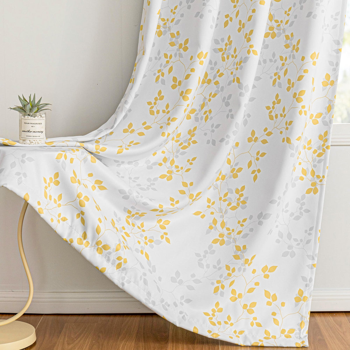 MEETSKY 95% Blackout Yellow Curtains 84 Inches Long 2 Panels Set - Leaves Printed Curtains for Living Room, Grommet Thermal Insulated Drapes, Light Blocking Window Curtain for Bedroom (52''W x 84" L)