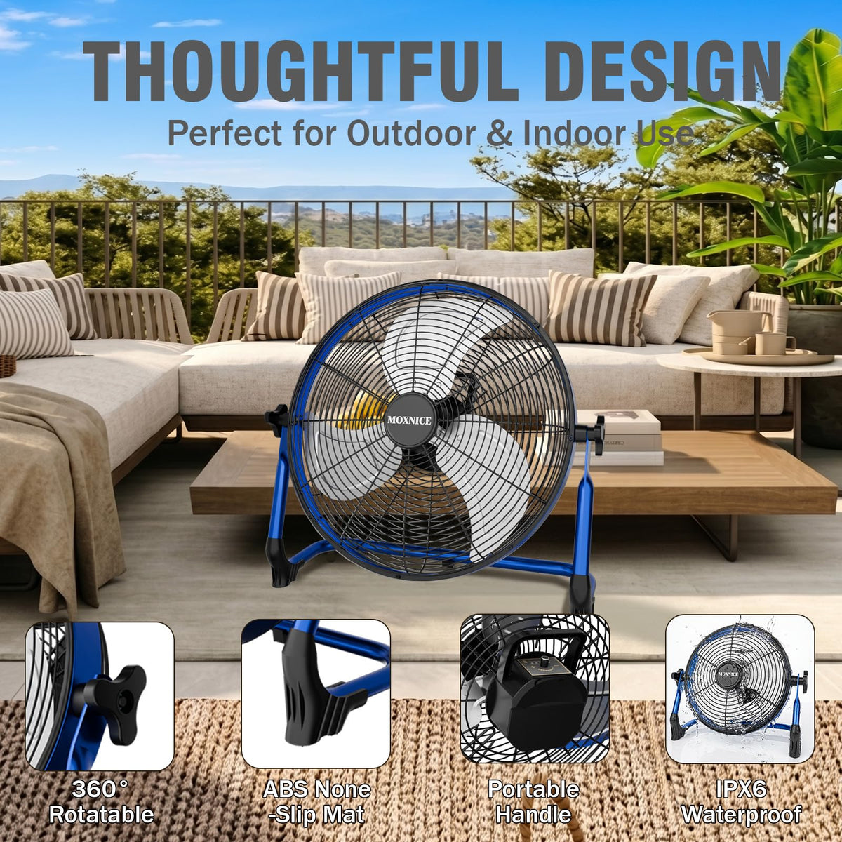 MOXNICE 20" Portable Battery Operated Floor Fan, High Velocity Battery Fan, Rechargeable Wireless Battery Powered Fan, Waterproof, USB Output, 360°Adjustable Tilt for Home Outdoor Garage Greenhouse