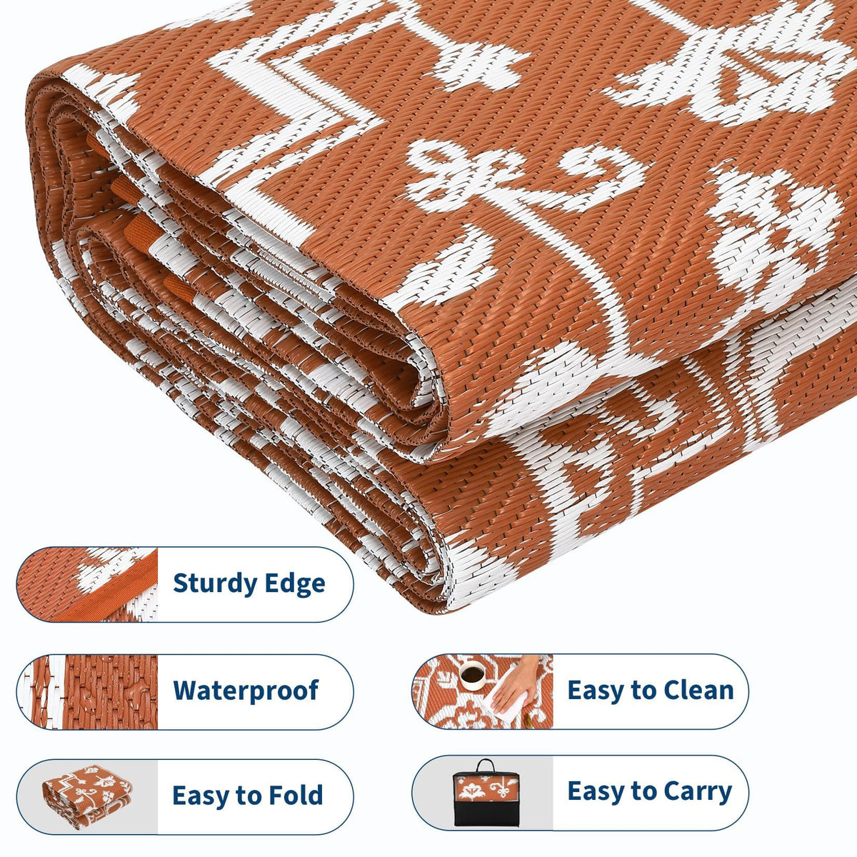IDEALHOUSE Outdoor Rug 9x18 Ft, Waterproof Plastic Reversible Rug, Persian Style Camping Mat for Outdoors, RV, Patio, Backyard, Deck, Picnic, Beach, Trailer(Orange Red & White)