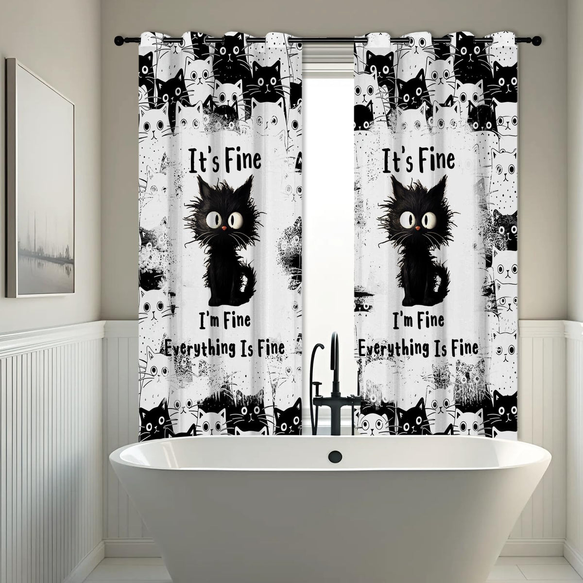 SIOQCKIS Cute Cat Curtains for Bedroom, Funny Black Cats Curtains for Windows, It's Fine Cat Kitchen Curtain Kitten, 52 x 84 Inch Long 2 Panels Gifts for Cats Lovers Window Decor Bathroom