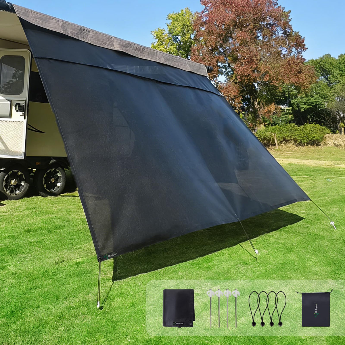 Dulepax RV Awning Sun Shade Screen with Zipper 9'X18'3'' -Second Generation RV Awning Shade Screen Significantly Improves Shadew and Privacy.Universal, Capmer Awning Shade with Complete Kits