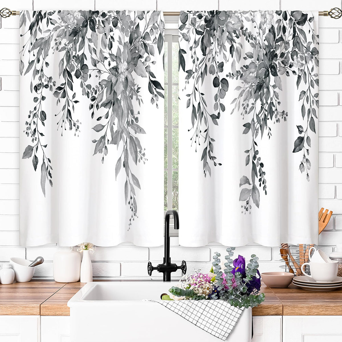 oolygoo Eucalyptus Botanical Leaves Grey Floral Kitchen Window Curtains Over Sink Farmhouse Flower Leaf Small Window Treatment Cafe Short Curtains for Bathroom Treatment Tier Drapes 27.5x39 inch