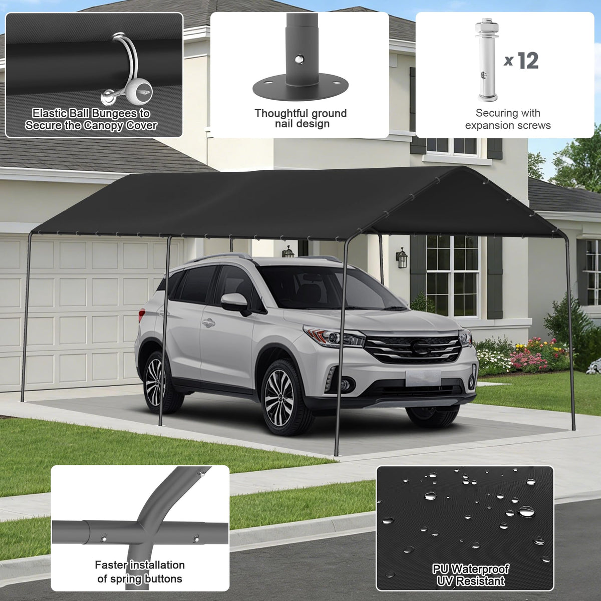 10 x 20 FT Carport Heavy Duty, Portable Garage Canopy Outdoor, Galvanized Car Canopy for Car Garage Shelter Tent Party Tent with Anchor Kit (Black)