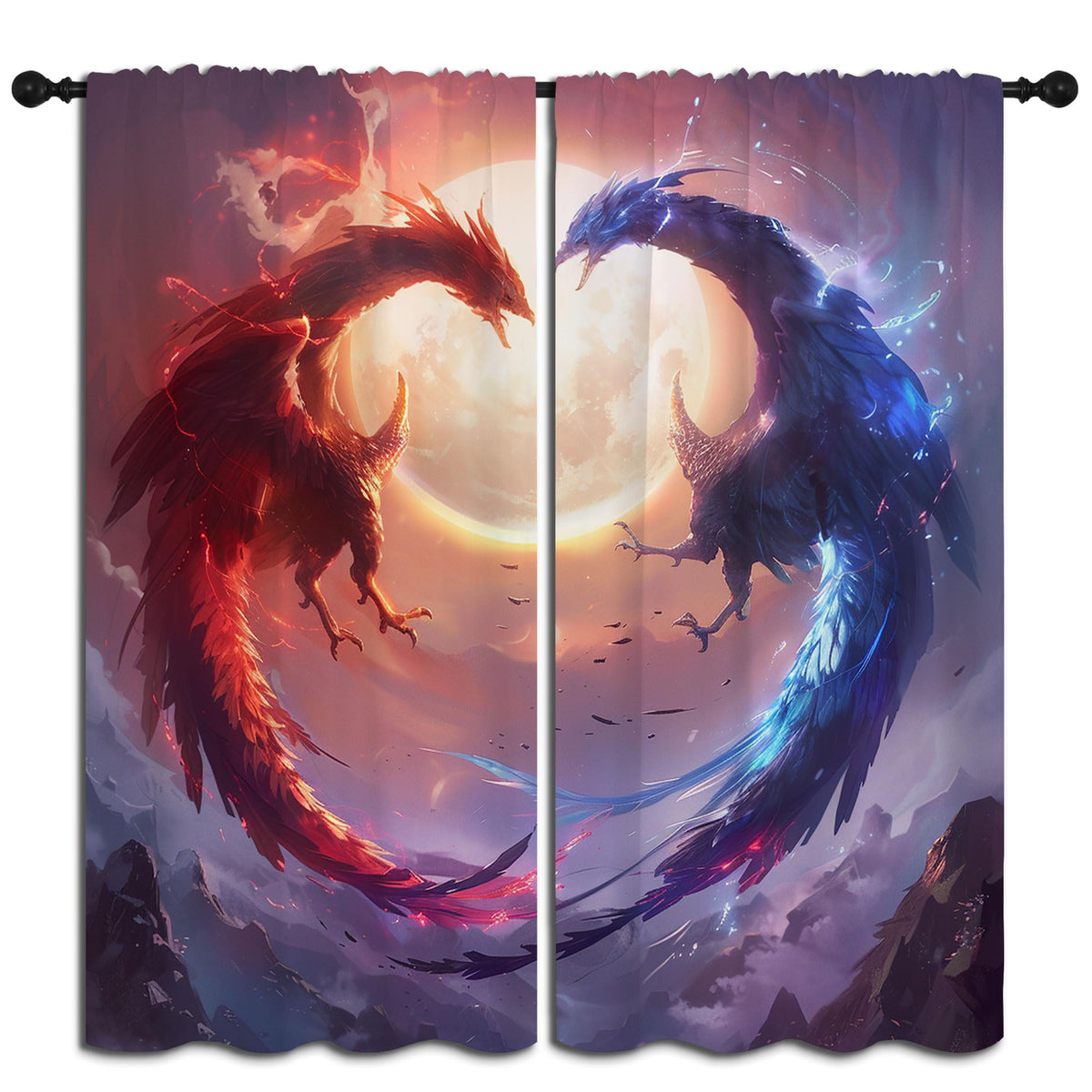 PYMATYTN Red Blue Dragon Blackout Curtains for Boys Girl Bedroom Decor,Fantasy Creature Abstract Art Thermal Insulated Rod Pocket Drapes Darkening Window Curtain for Living Room Home 55x63 inch
