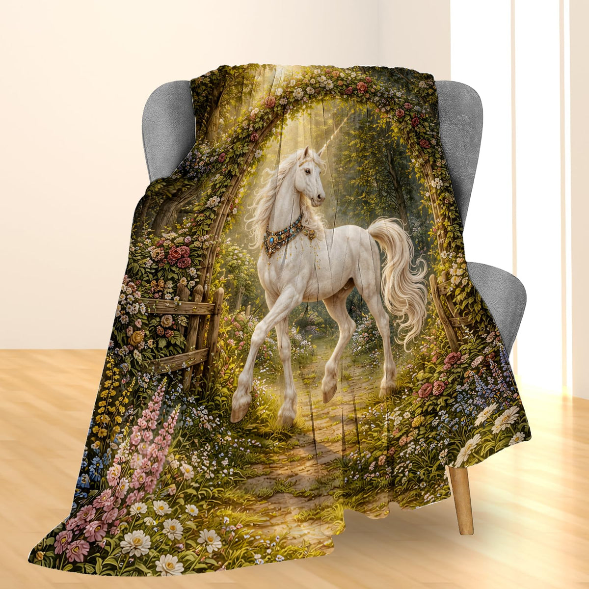 Ti Caldi Fantasy Unicorn Blanket Gifts, Floral Garden Arch Flannel Throw Blanket for Couch, Bed, Travel & Decor, Magical Fairy Tale Cozy Lightweight Warm Blankets for Girls Women Kids 60×50 in