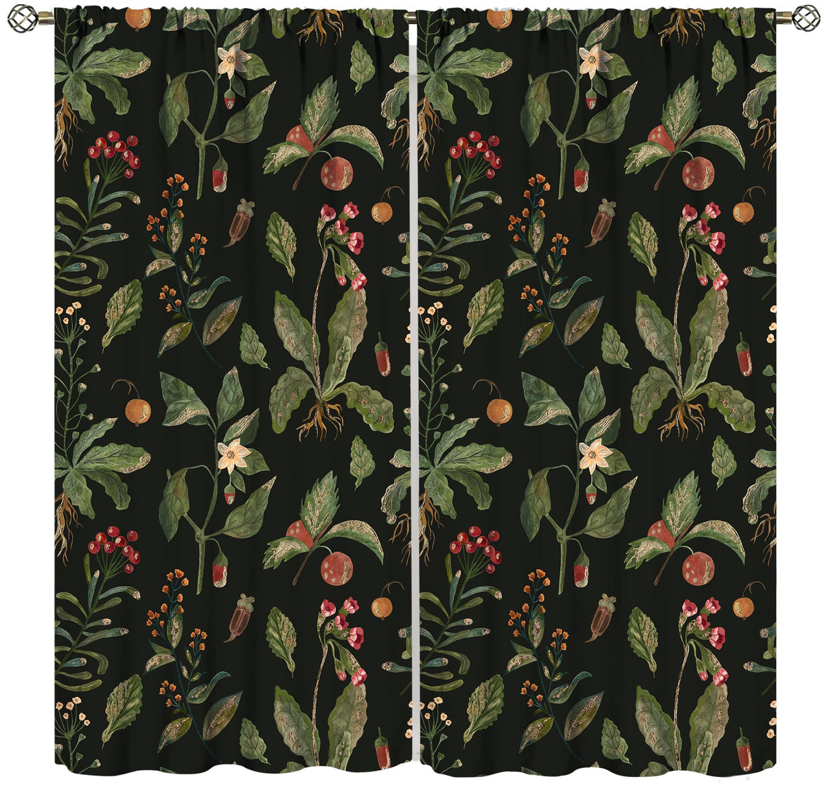 PHTAYOT Black Botanical Curtains, Botanical Green Leaves Boho Plant Flower Floral Spring for Room Window Decor, Rod Pocket Print Drapes for Living Room Bedroom Kitchen 2 Panel Set 20.5" W X 45" L