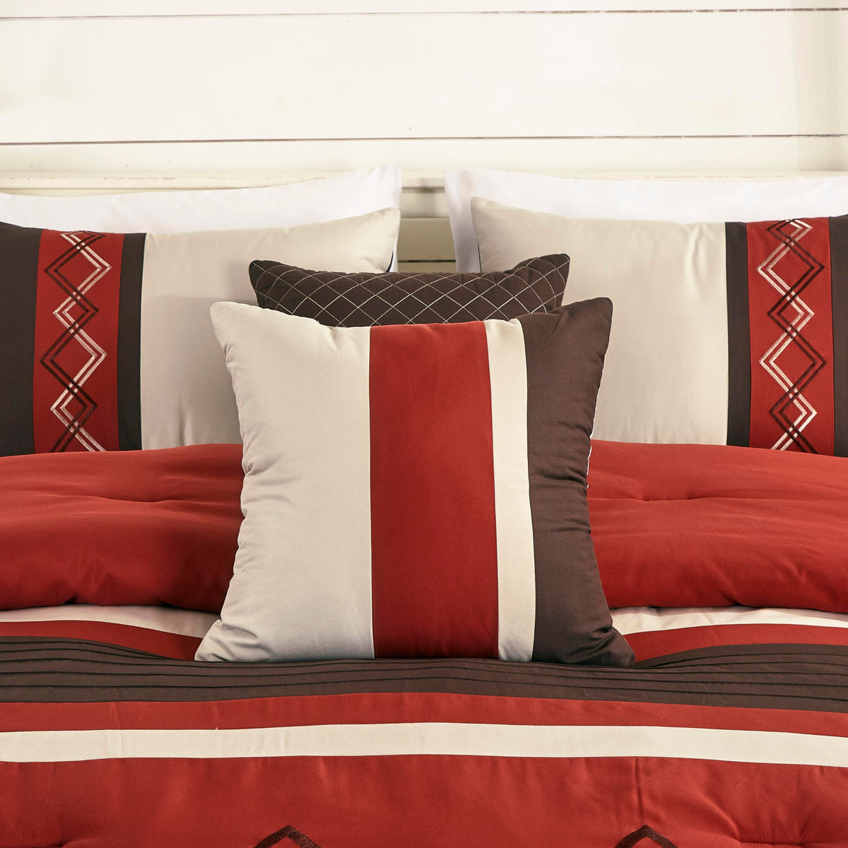 Chezmoi Collection Arden 7-Piece Modern Pleated Stripe Embroidered Zigzag Bedding Comforter Set (Queen, Spice/Brown/Coffee Cream)