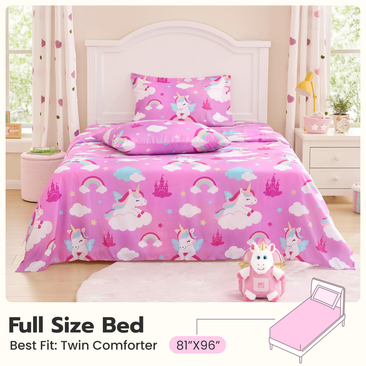 Joiedomi Kids Full Sheet Set Purple Unicorn - 4 Piece Soft Microfiber Bed Sheets - Deep Pocket Wrinkle Free, Cozy Toddler Bedding Set, Fade Resistant Breathable for Boys Girls Teens
