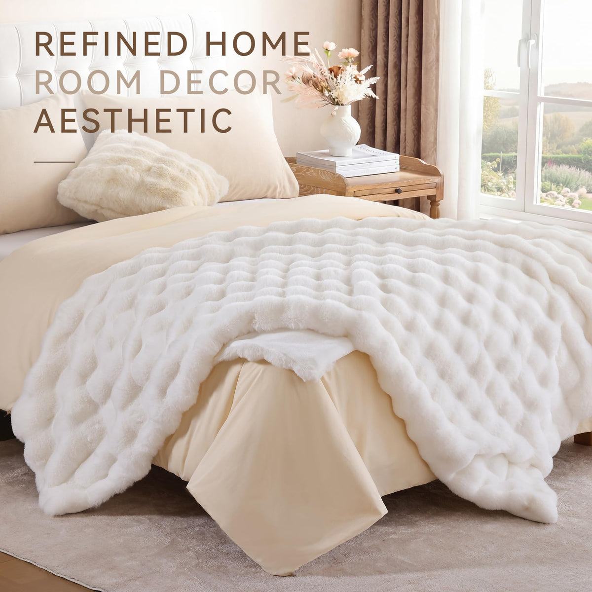 Smoofy Faux Fur Throw Blanket for Couch - Cream White Super Soft Cozy Bubble Blanket, Fluffy Plush Fuzzy Throw for Sofa & Bed, Thick Lightweight Warm Blanket, Luxury Aesthetic Gift for Women 50"x60"