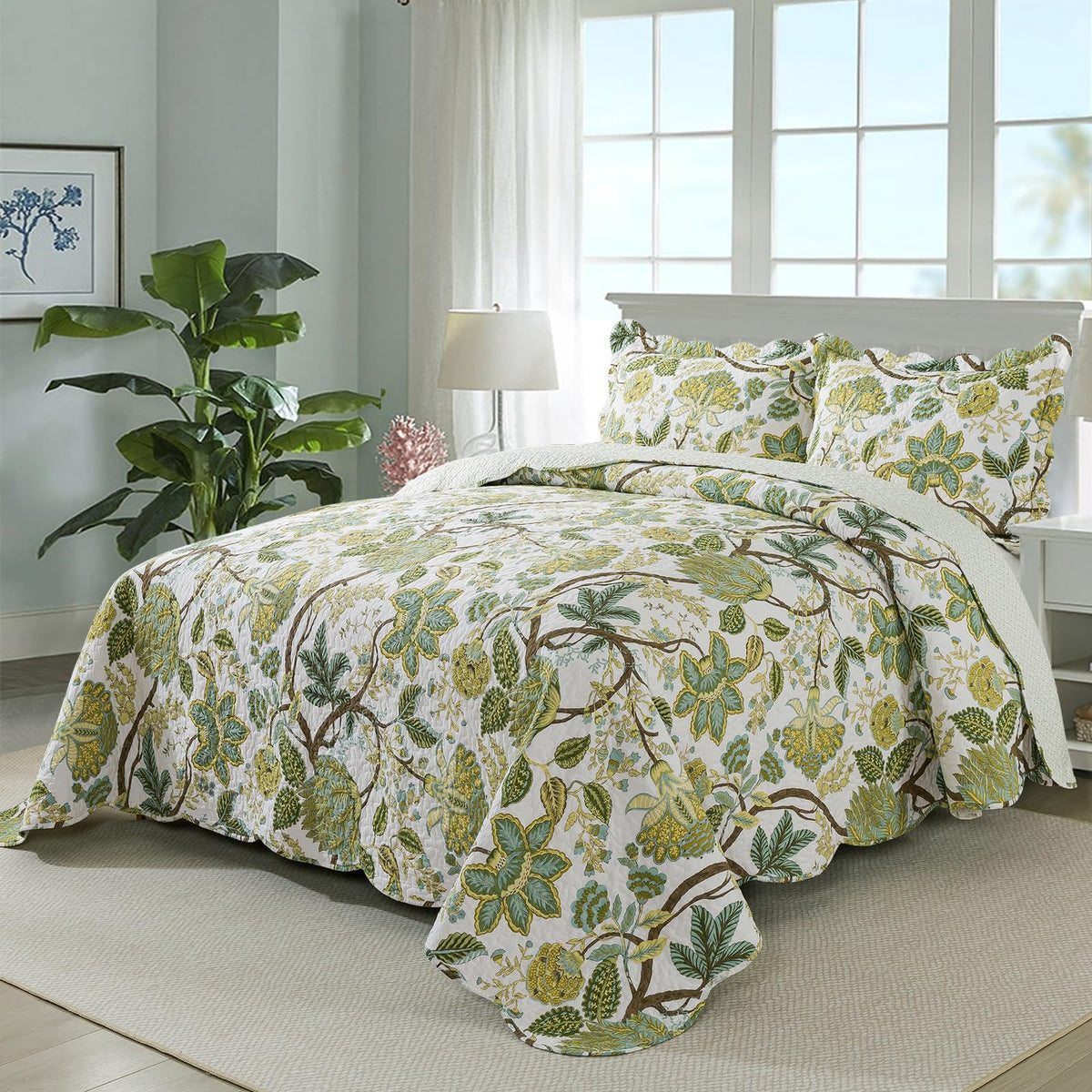 Travan 3-Piece Quilt Set Quilted Bedspread Cotton Coverlet Set Floral Oversized Quilted Bedding Set for All Season, White Vine, King Size