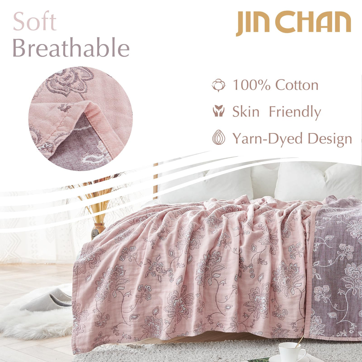 jinchan Boho 100% Cotton Muslin Twin Size 50x60 Inches Blanket Lightweight 4-Layer Quilted Soft Pink Red Floral Throw Blanket Reversible Comfy Flower Breathable All Seasons Couch Bedroom Decor