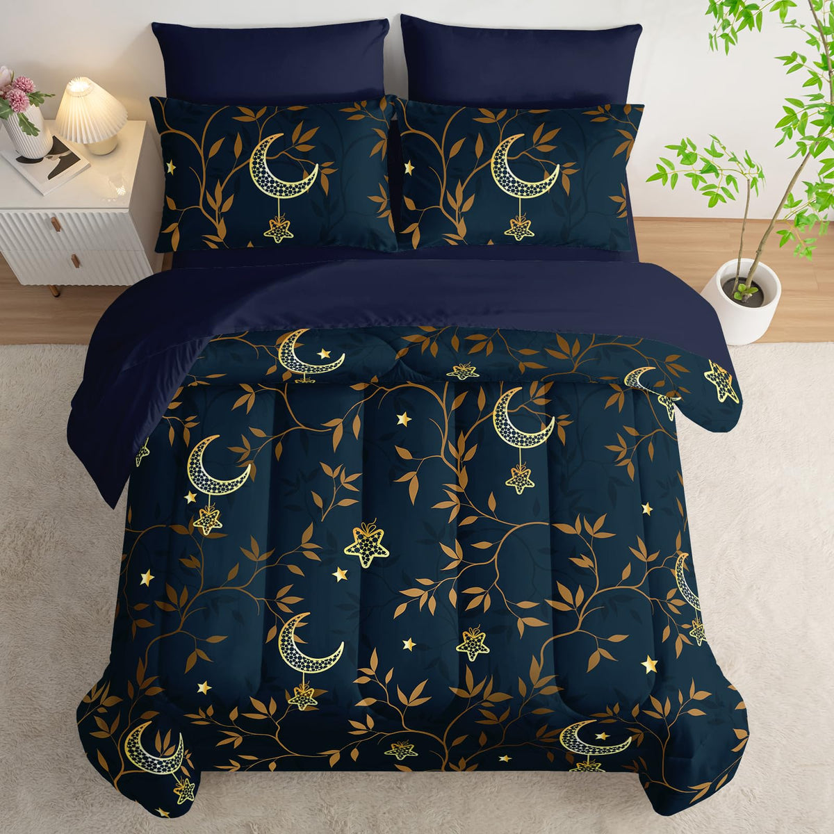 AILONEN Moon Comforter Set Full Size,7-Piece Navy Blue Gold Star Leaves Print Bedding Boho Bed in a Bag for Room Decor All Season Comforter & Fitted/Flat Sheet & 2 Pillowcases & 2 Shams