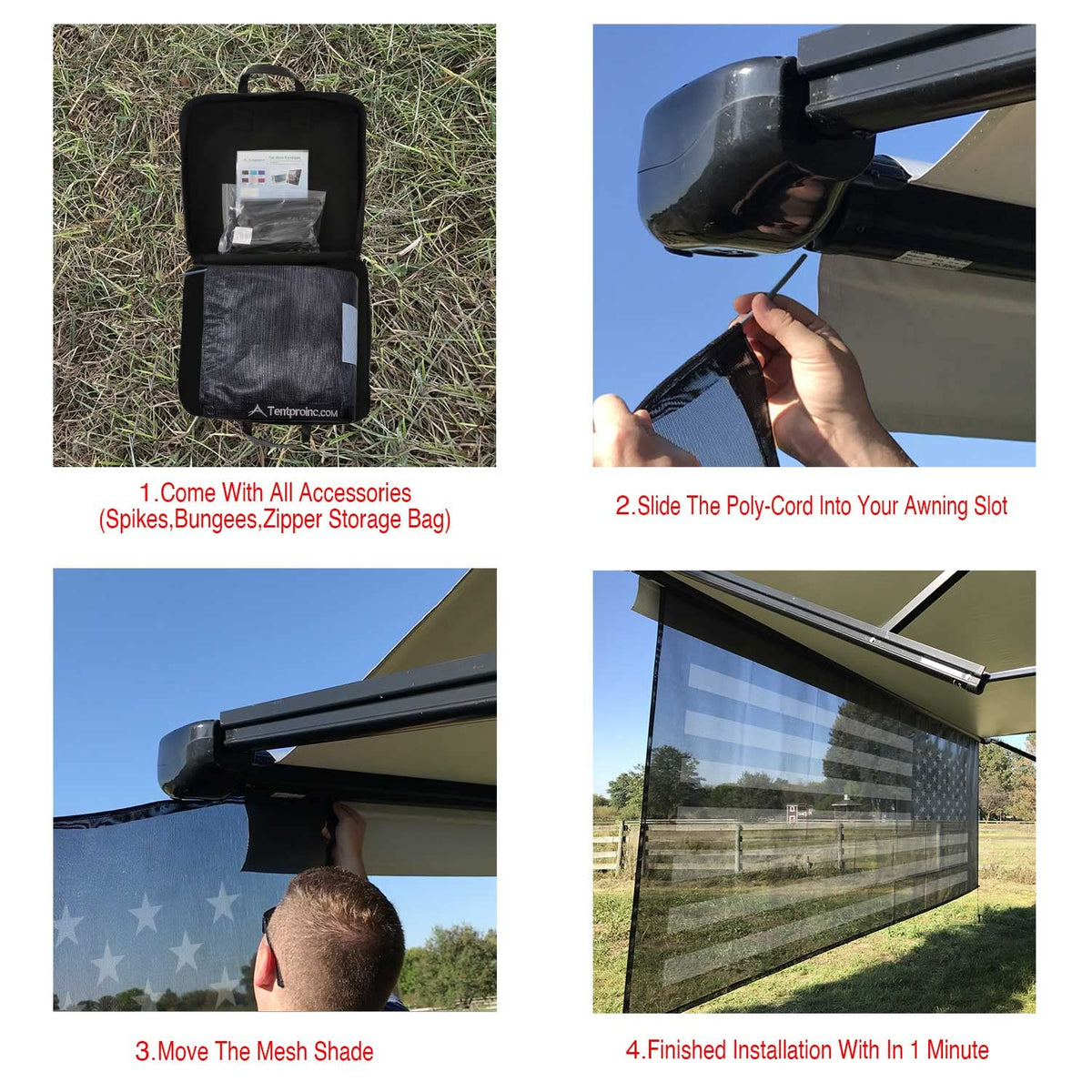 Tentproinc RV Awning Sun Shade Screen 7' X 16' 3'' (American Flag) Black Mesh Sunshade Camper Trailer Awning Shade Screen UV Blocker Completed Kits