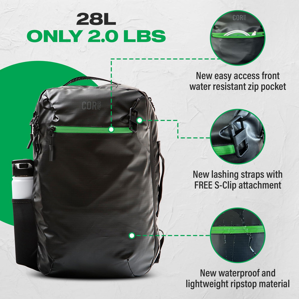 COR Surf Carry On Travel Backpack Bundle | Island Hopper Travel Backpack with Toiletry Bag and Compression Packing Cube Set (34L 2.0, Black with Green Zipper)