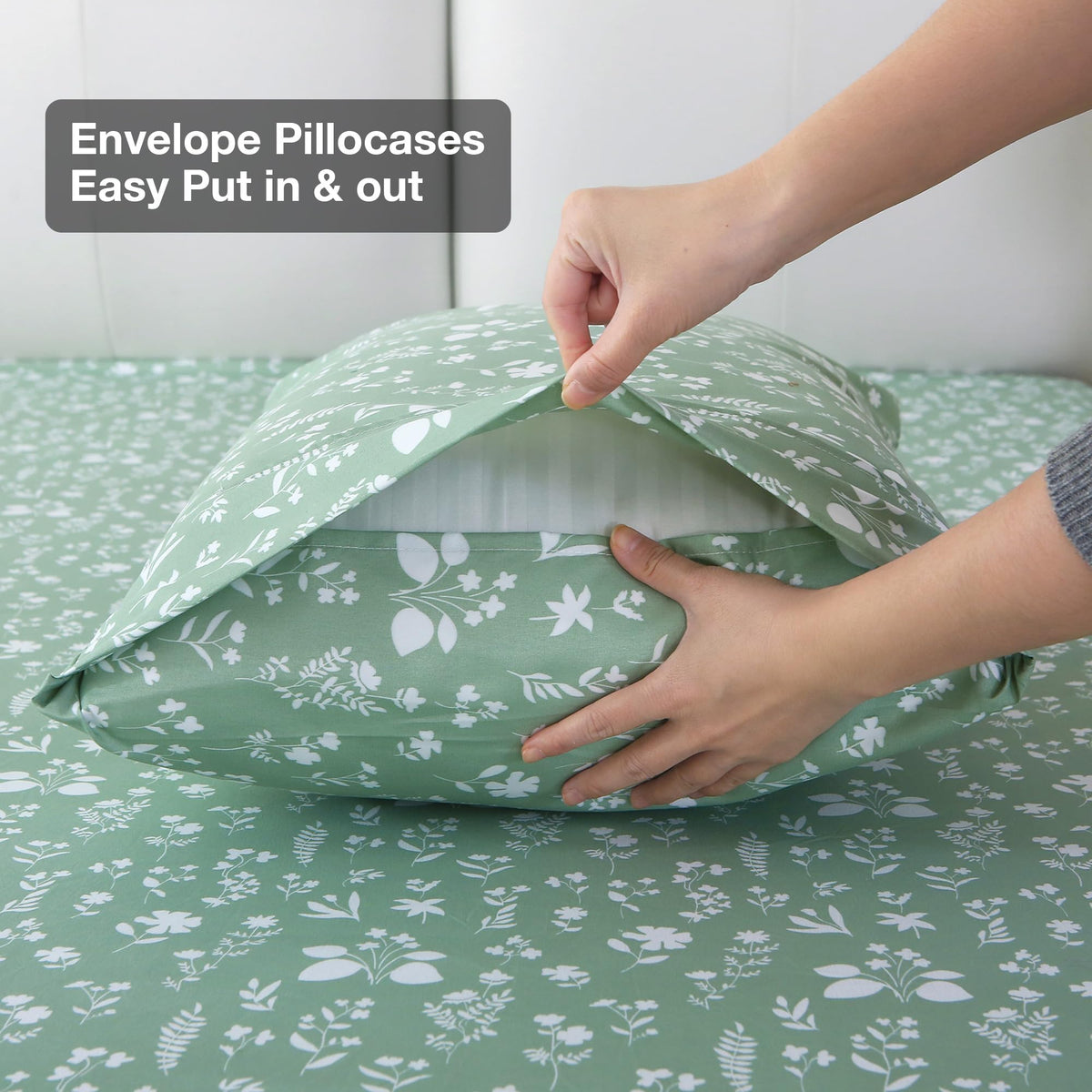 Viviland Sage Green Twin Sheet Set - 4 Piece Vintage Green Flower Patterned Bed Sheets - Soft, Breathable Microfiber Floral Sheets with Deep Pocket, Non-Slip Fitted Sheets & Pillowcases