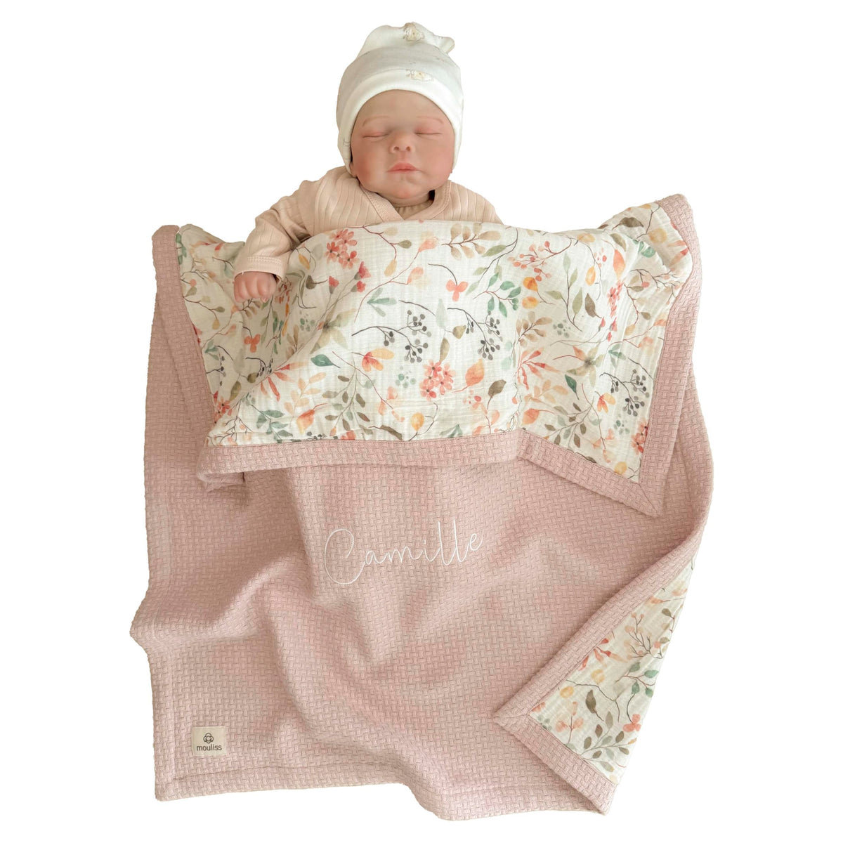 Mouliss Personalized Baby Blanket with Name – Handmade 100% Organic Cotton Newborn Gift | Custom Knit Blanket for Boys, Girls, Kids & Baby Showers (Petal Pink/Petal Whispers)
