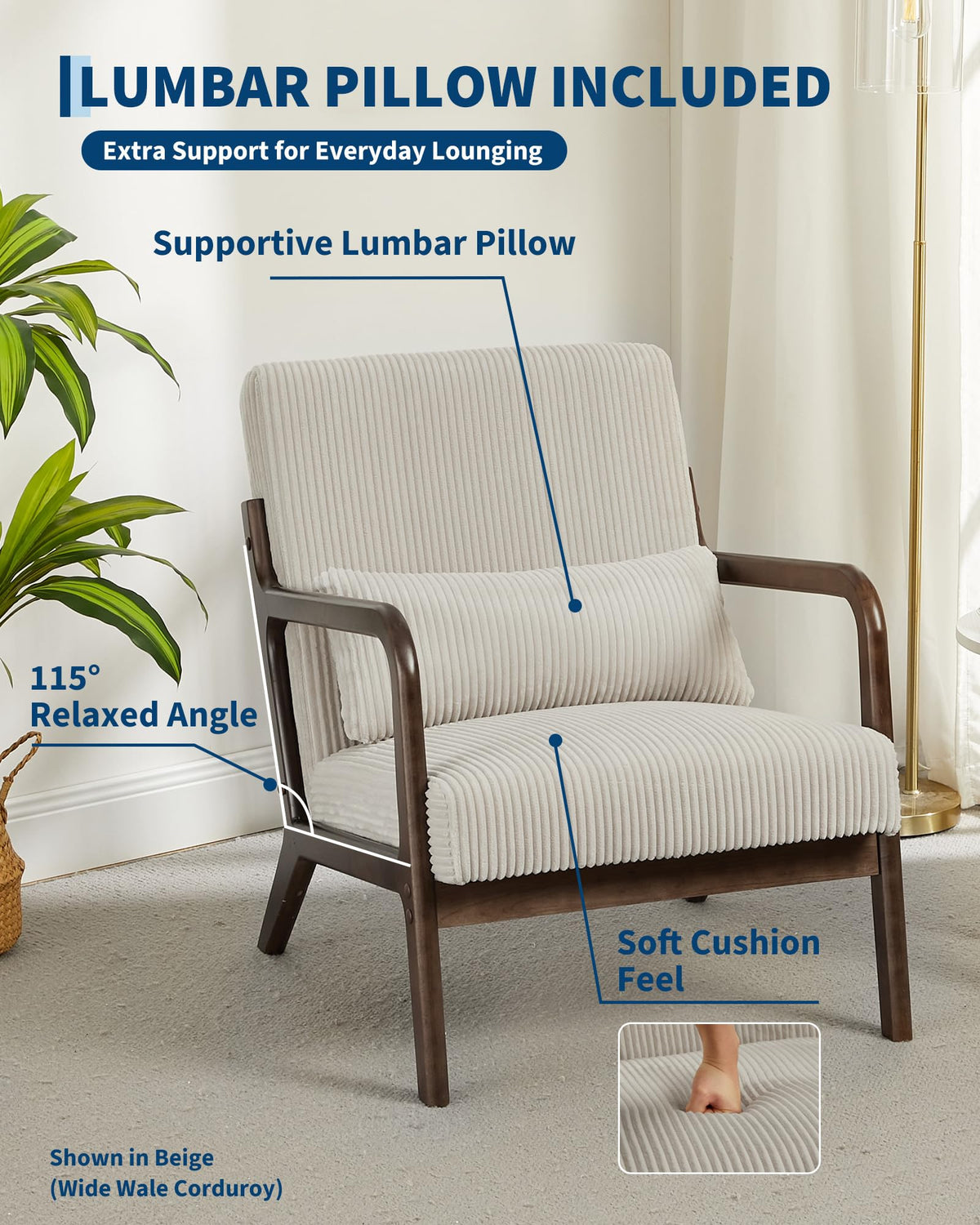 Garvee Mid-Century Chenille Accent Chair, Cozy Reading Chair, Modern Lounge Armchair with Lumbar Pillow, Solid Wood Frame, for Living Room, Bedroom, Office, Beige