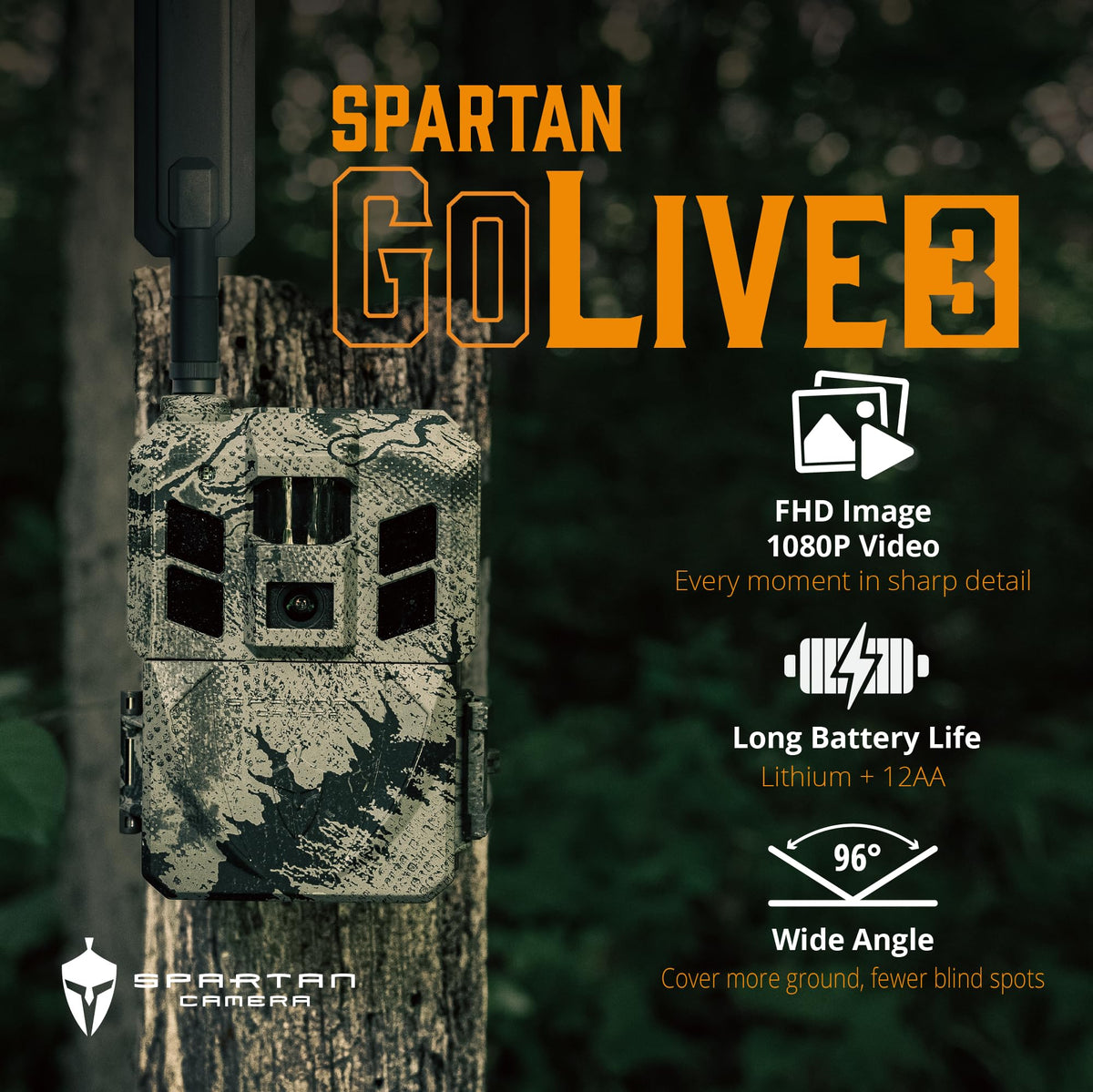 Spartan Camera GoLive3 Best Hunting Trail Camera, Live Streaming, 96° Wide Angle, Motion Activated, On-Demand FHD Photos and 1080p Videos, Built-in Lithium Battery, Blackout IR Flash,GPS, Weatherproof