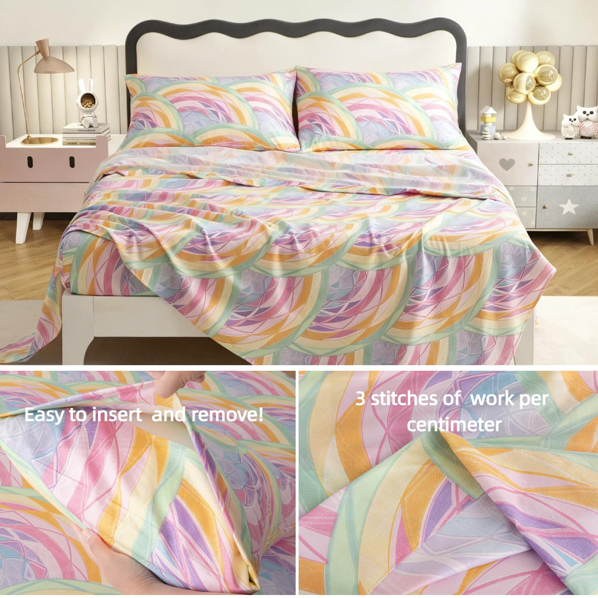 SDY 4 Pieces Rainbow Bed Sheet Set Queen, Super Colorful Mermaid Bed Sheets Set for Girls, Boys, Kids and Toddler, Bed in A Bag Packaged with 1 Fitted Sheet+ 1 Top Flat Sheet + 2 Pillowcases