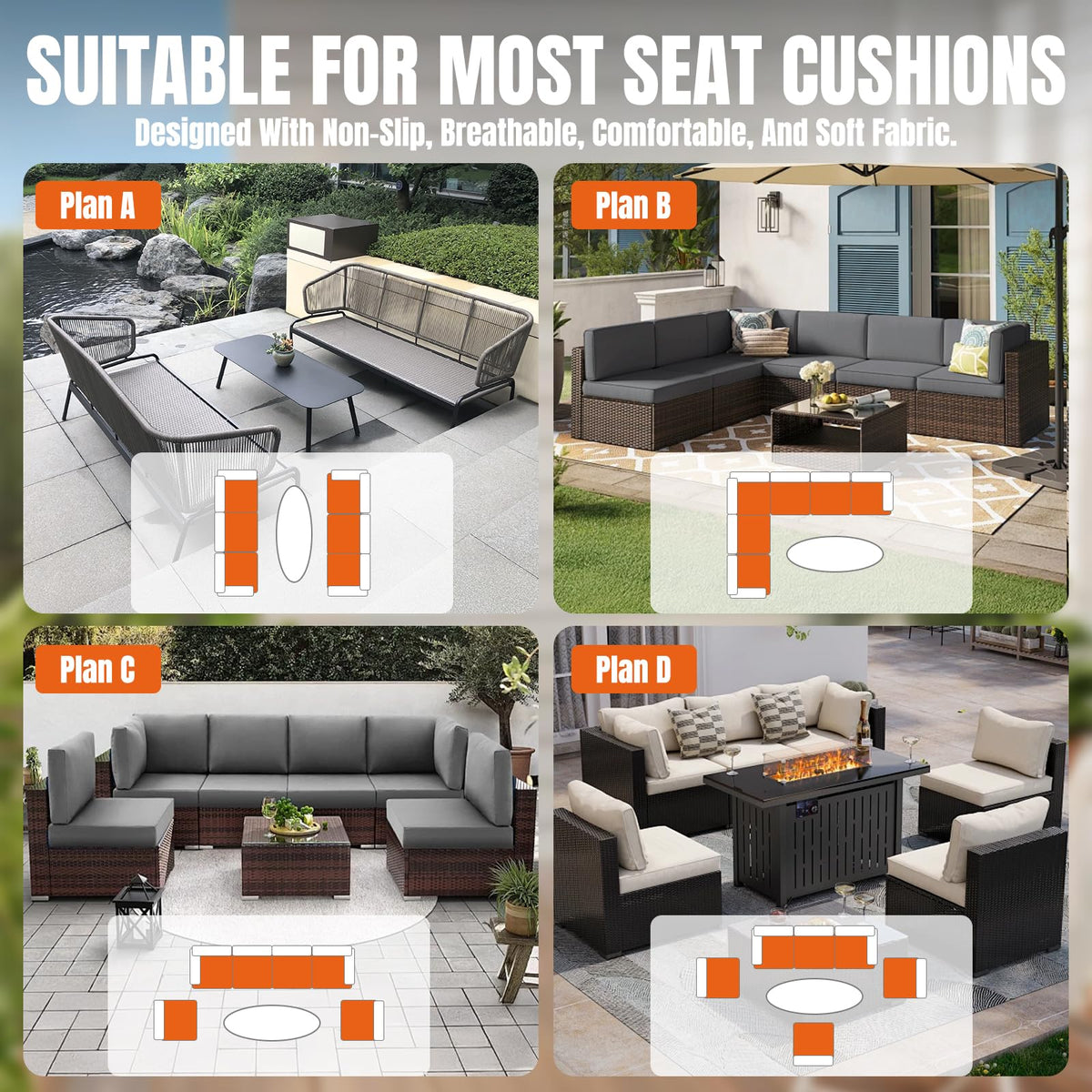 Cabubra 14pcs Outdoor Patio Furniture Cushion Covers, Waterproof & Sun-Resistant Zippered,Fit for Patio Furniture Sectional Sofas and Wicker Rocking Chairs,3 Sizes,Orange,Covers Only