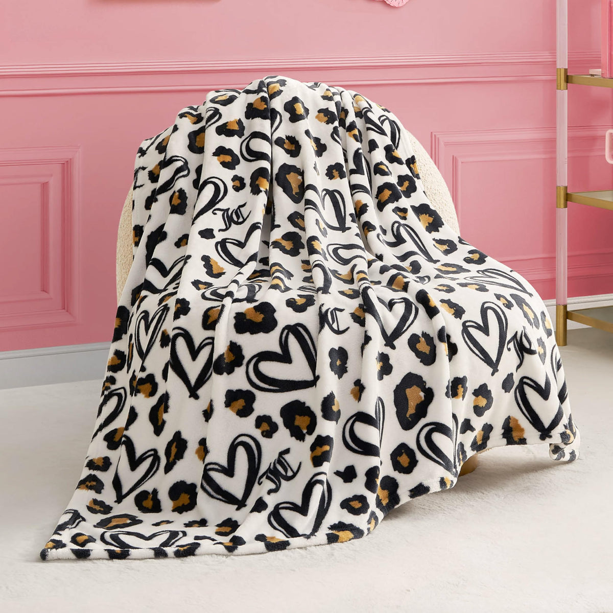 Juicy Couture Doodle Cheetah Heart 50" x 70" Plush Throw Blanket, White - Decorative Blankets for Sofas, Throws for Chairs, and Beds