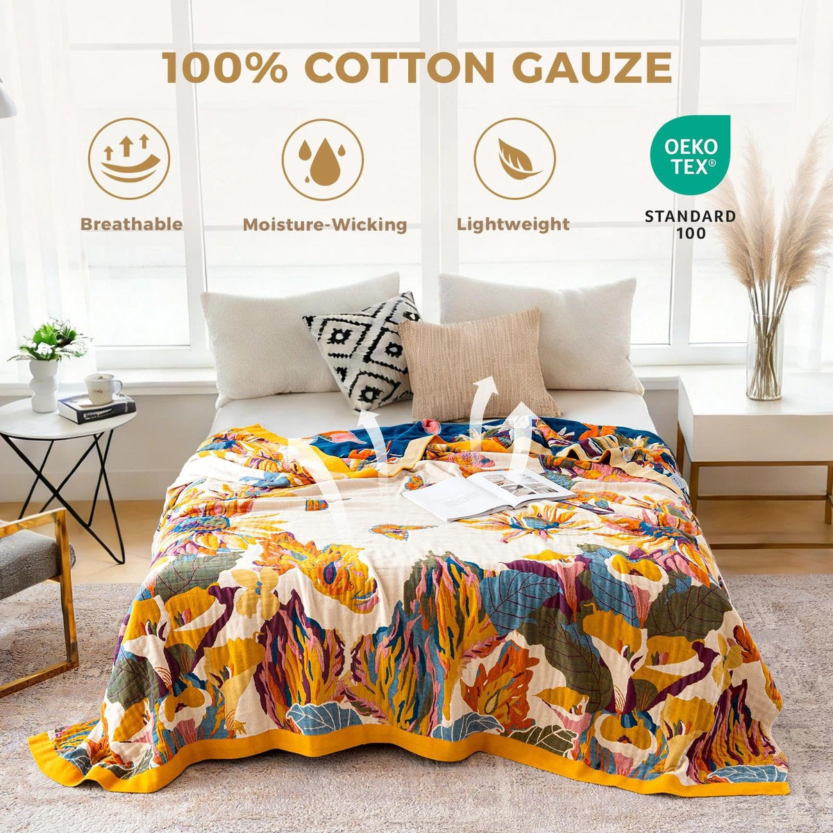 LUTBM Boho Throw Blanket 100% Cotton Soft Bed Throw Twin Lightweight Summer Blanket Floral Bird & Butterfly Room Decor Breathable Bed Blankets,60"x80" All Season Reversible Blankets for Couch Chair