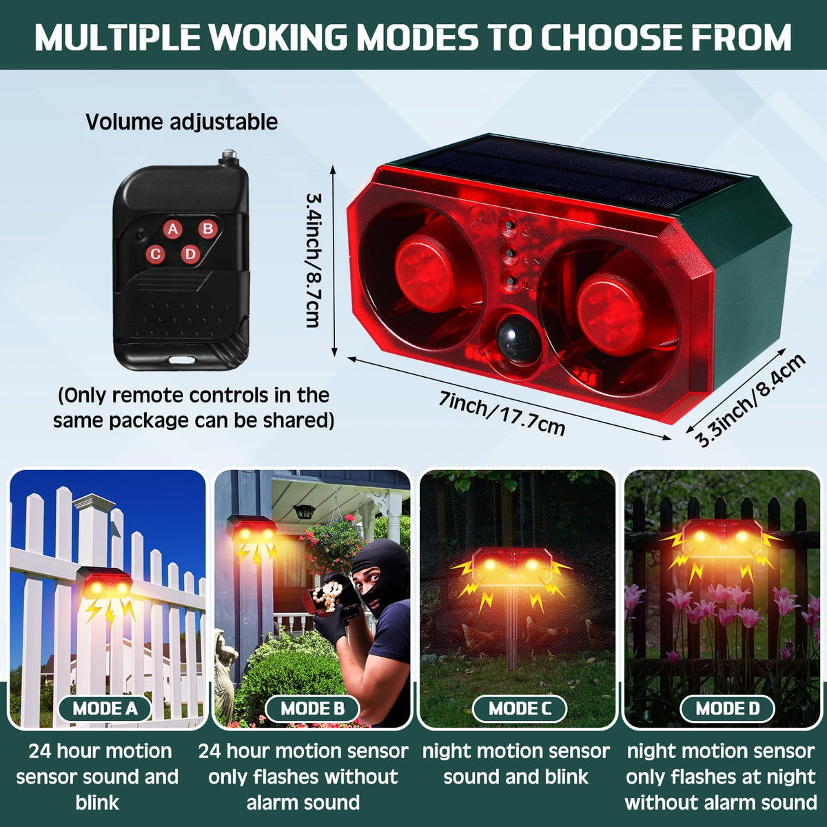 Qualirey 4 Pcs Solar Outdoor Motion Sensor Alarm with Stake Animal Deterrent Dog Barking Sensor 13 Sound 130db Loud Noise Maker 4 Mode with USB Remote Control Support Recording Volume Adjustment