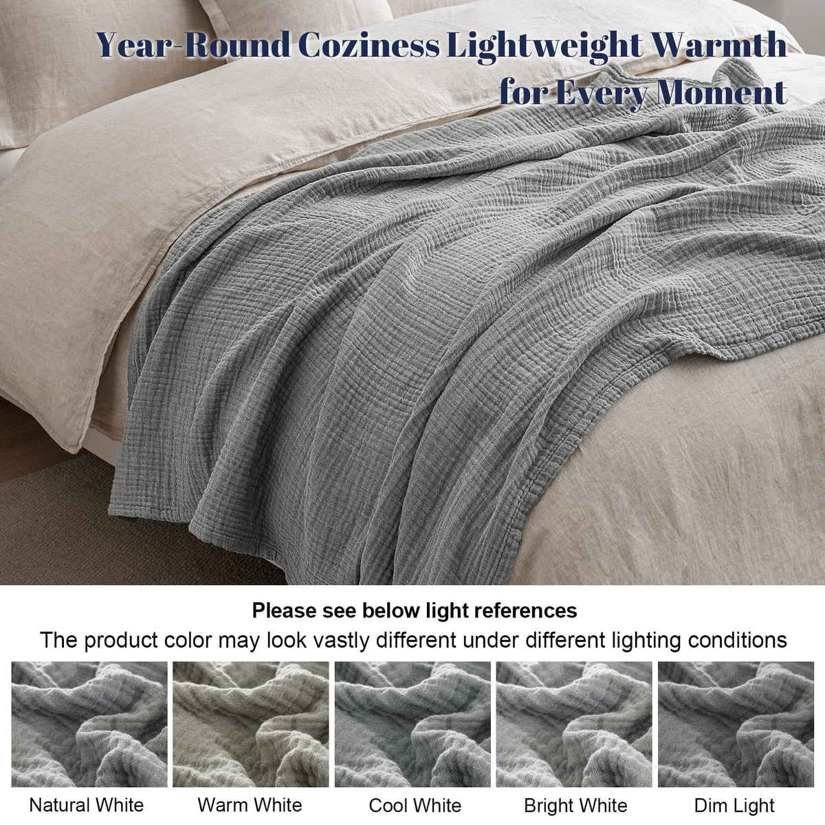 PHF 100% Cotton Muslin Throw Blanket 50" x 60", 4-Layer Lightweight Gauze Throw, Breathable Cloud-Soft Minimalist Blanket for Bed, Couch, Camping & Baby, Grey, Ideal Gift