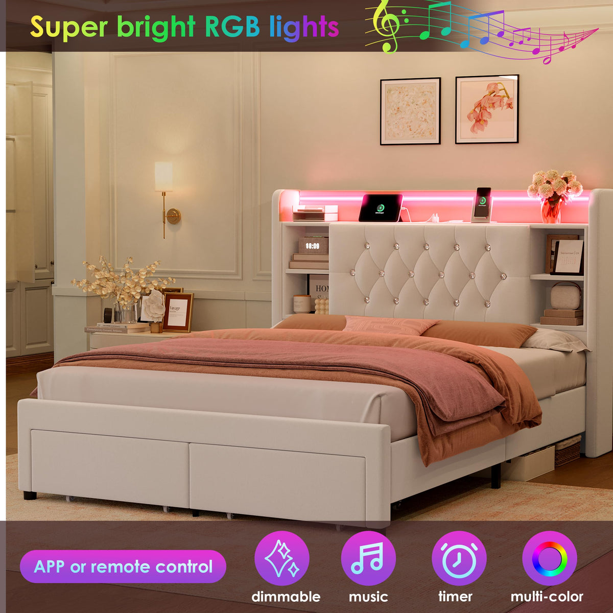 Full Bed Frame with Drawers, Hidden-Cubby & Shelves Storage Headboard with Charging Station and LED Lights, Velvet Upholstered Platform Bed Solid Wooden Slats Support No Box Spring Needed, Beige
