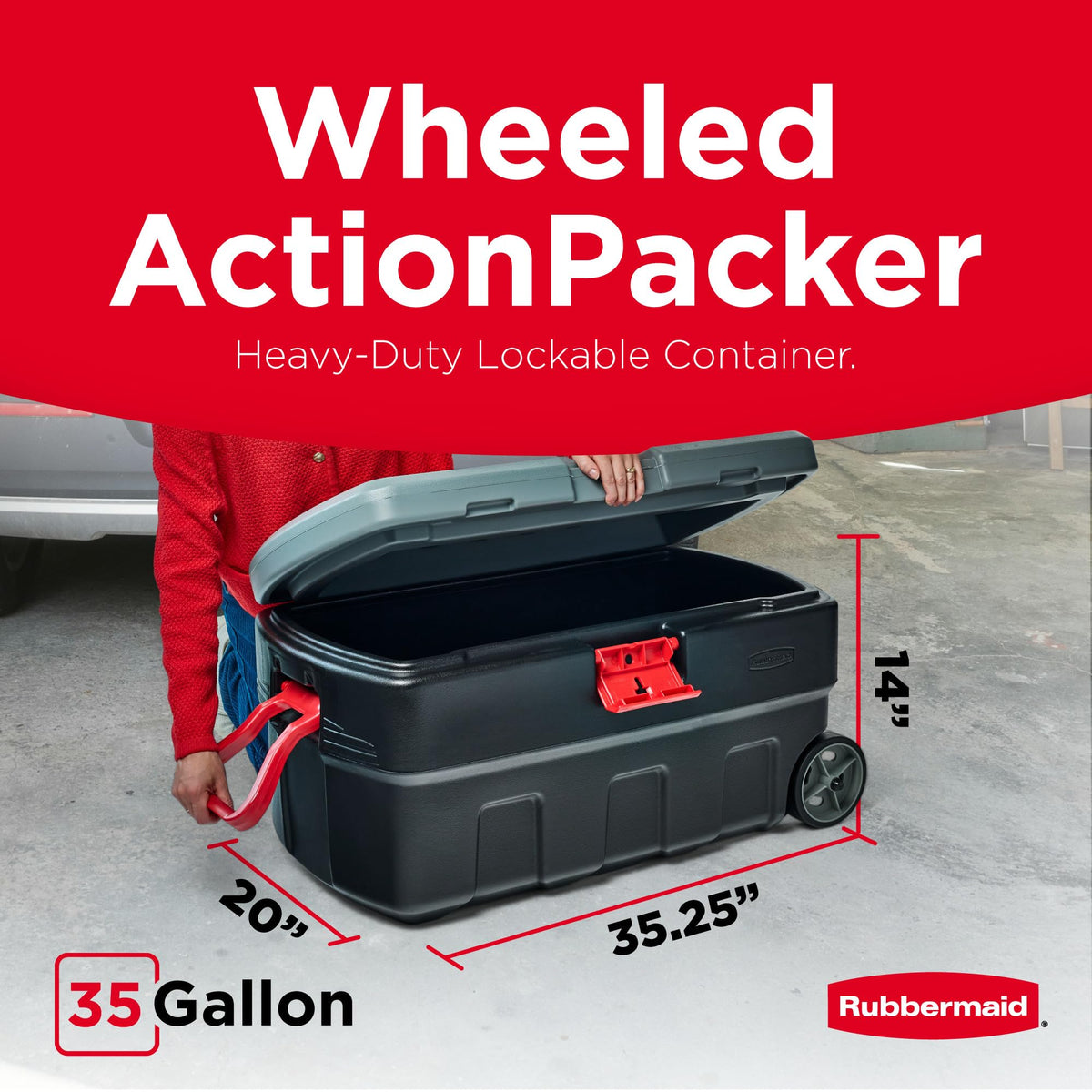 Rubbermaid ActionPacker 35 Gallon, Made in USA, Lockable Plastic Storage Bin with Lid and Wheels- Outdoor, Industrial, Rugged, Camping Gear and Truck Bed Storage - Gray and Black