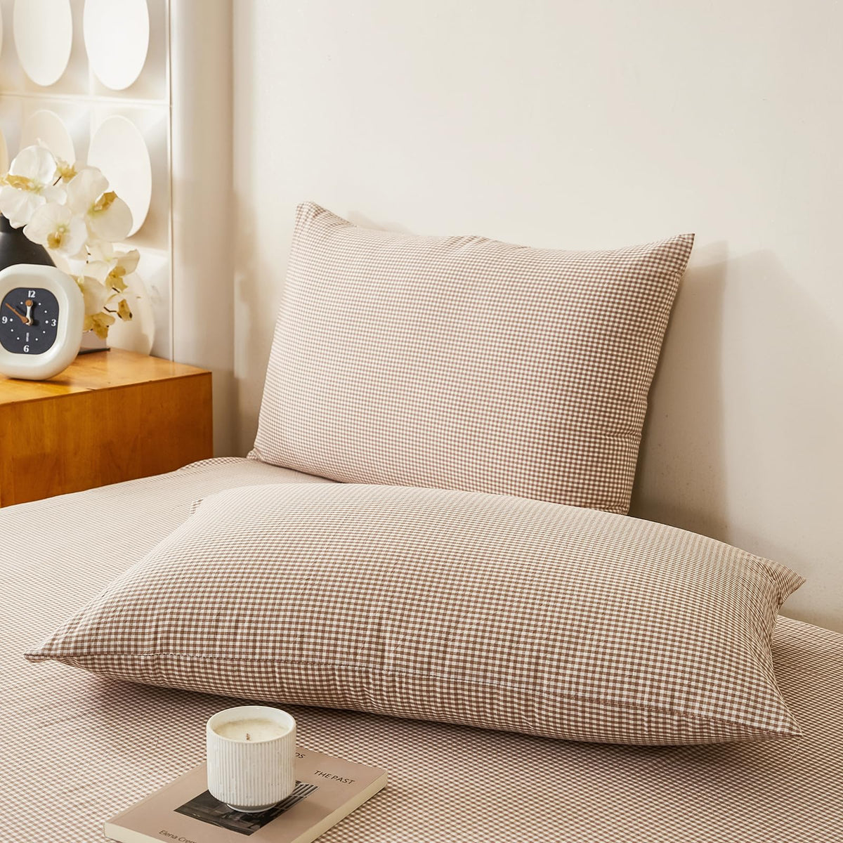 VM VOUGEMARKET Tan Paid Duvet Cover Queen 100% Washed Cotton Like Linen Bedding Set Soft Breathable 3 Piece Mini Gingham Checkered Comforter Cover Set (Queen 90"x90", Comforter Not Included)