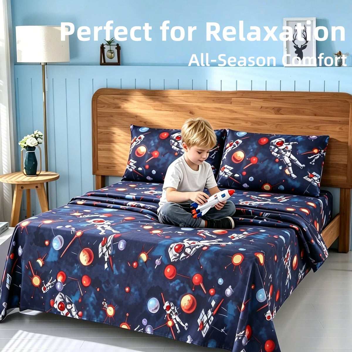 SDY 4 Pieces Space Sheets,Queen Microfiber Sheet Set Astronaut Space with 1 Deep PocketFitted Sheet+1Top FlatSheet+2 Pillowcases for Kids Teens Boys Girls