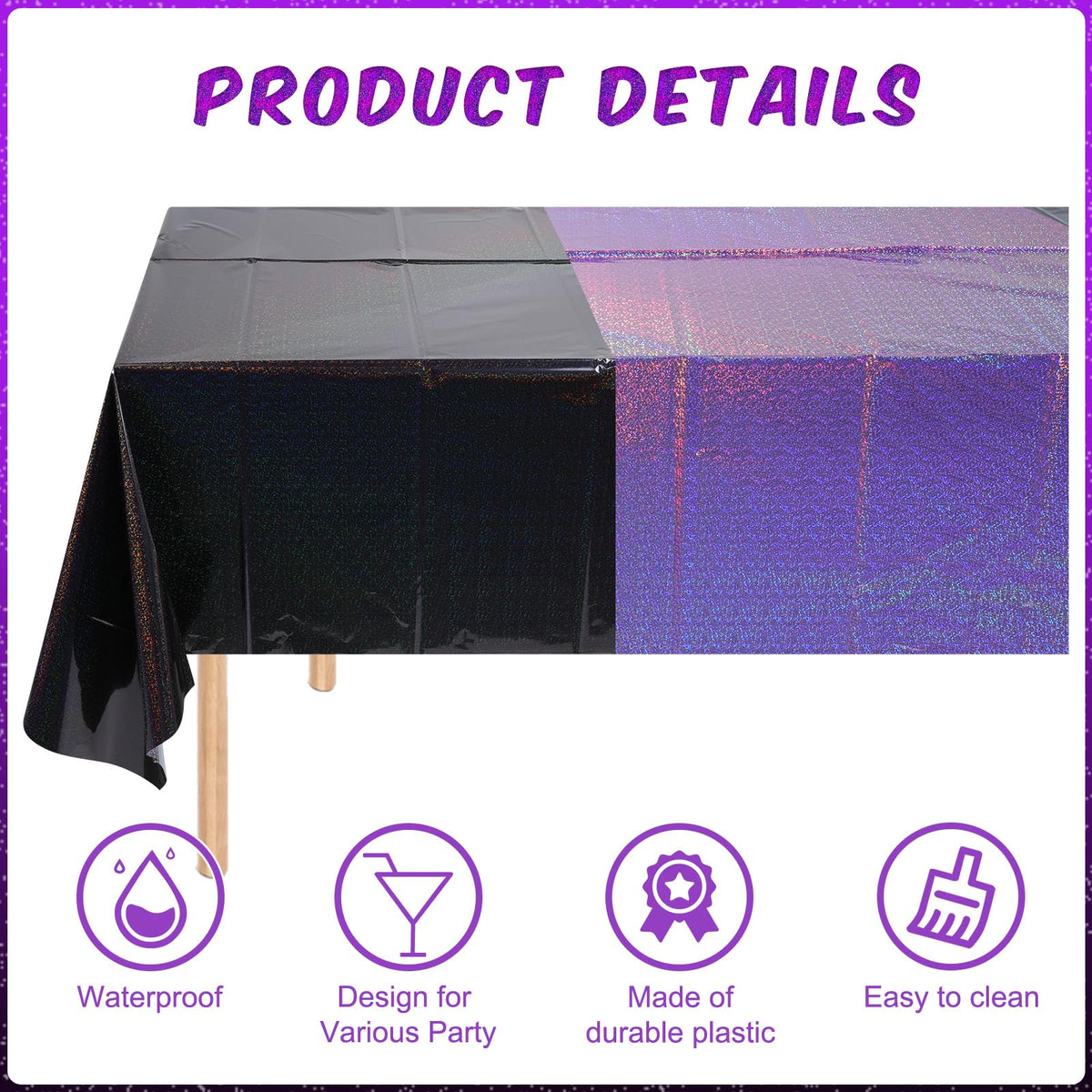 2 Pack Iridescent Black and Purple Plastic Tablecloth 54x108 Inch, Holographic Laser Disposable Table Cover, Rectangle Black and Purple Table Cloth for Halloween Holiday Birthday Party Decorations