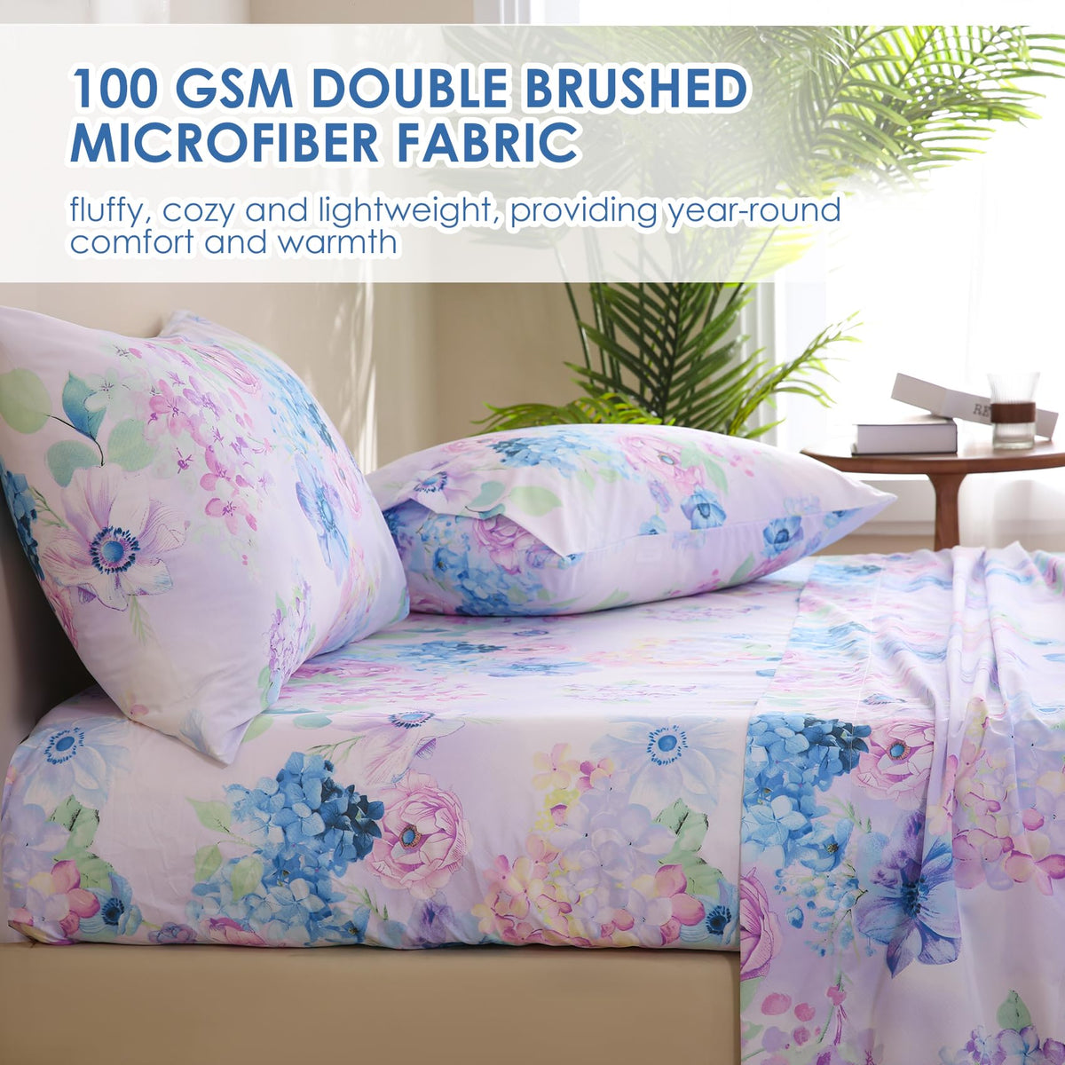 JSD Purple Hydrangea Floral Sheet Set King Size, 4 Piece Soft Spring Printed Microfiber Bed Sheets Deep Pocket