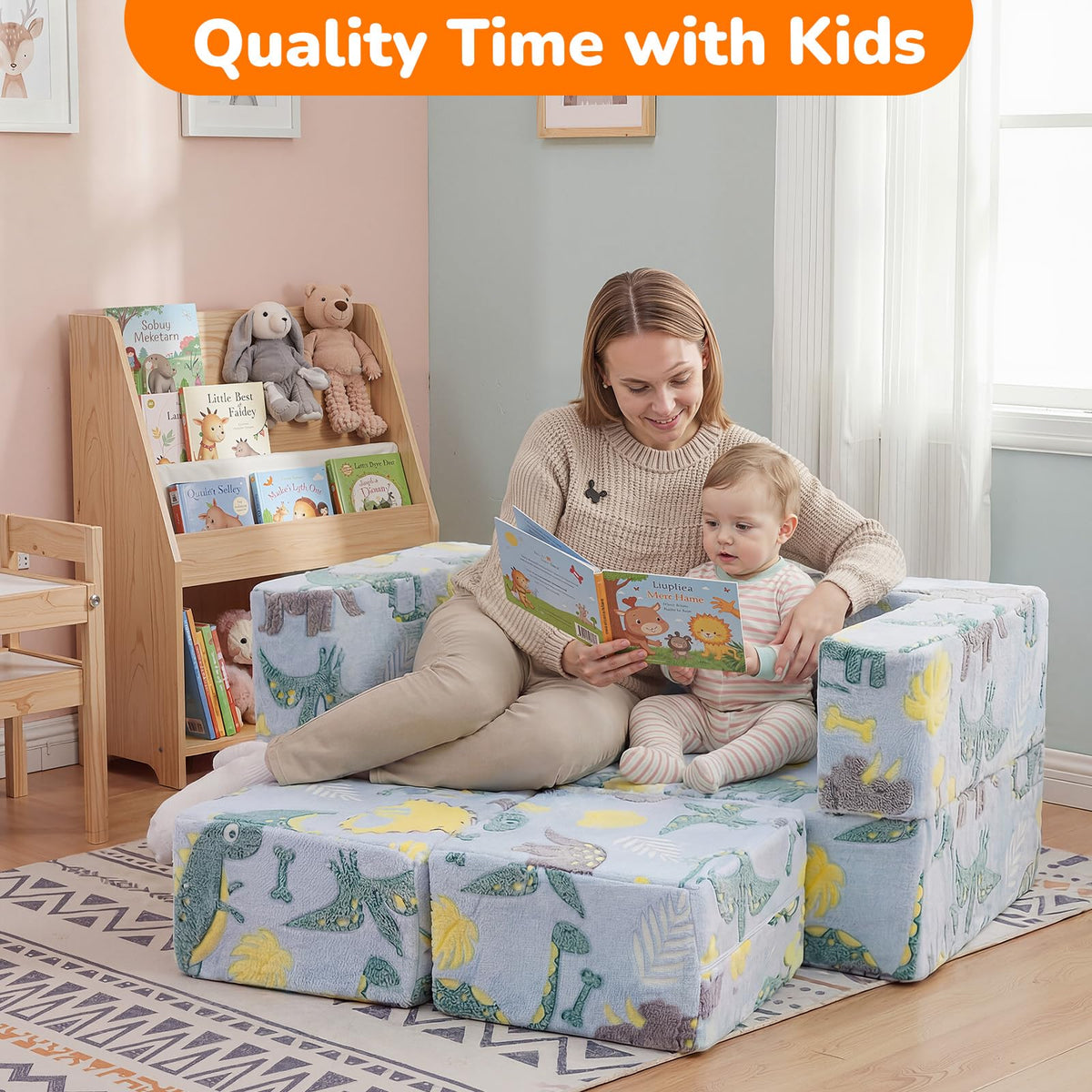 MeMoreCool Glow-in-the-Dark Dinosaur Kids Loveseat - Modular Toddler Play Couch that Folds Out, Convertible Foam Chair & Mini Sofa Bed with Washable Plush Cover, 2-Seat Playroom Furniture