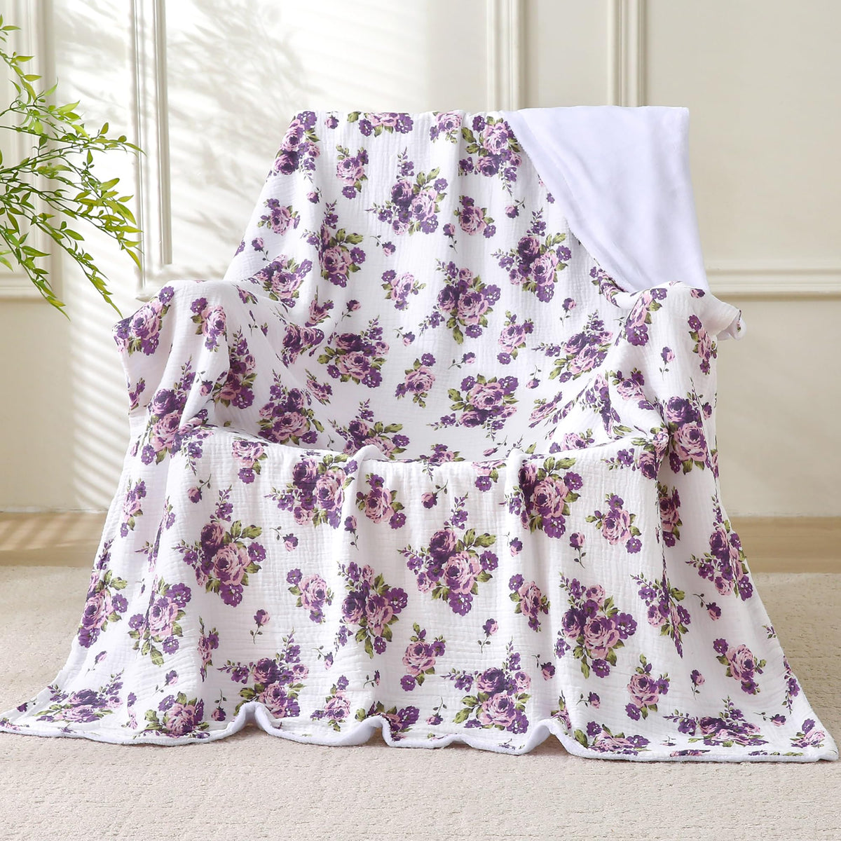 Muslin Blankets for Adults Reversible Throw Fleece & Gauze, Soft Cozy Lightweight Breathable Floral Blanket for Bed Couch, Double Layer Muslin Purple Rose Throw Cover 90"x90"