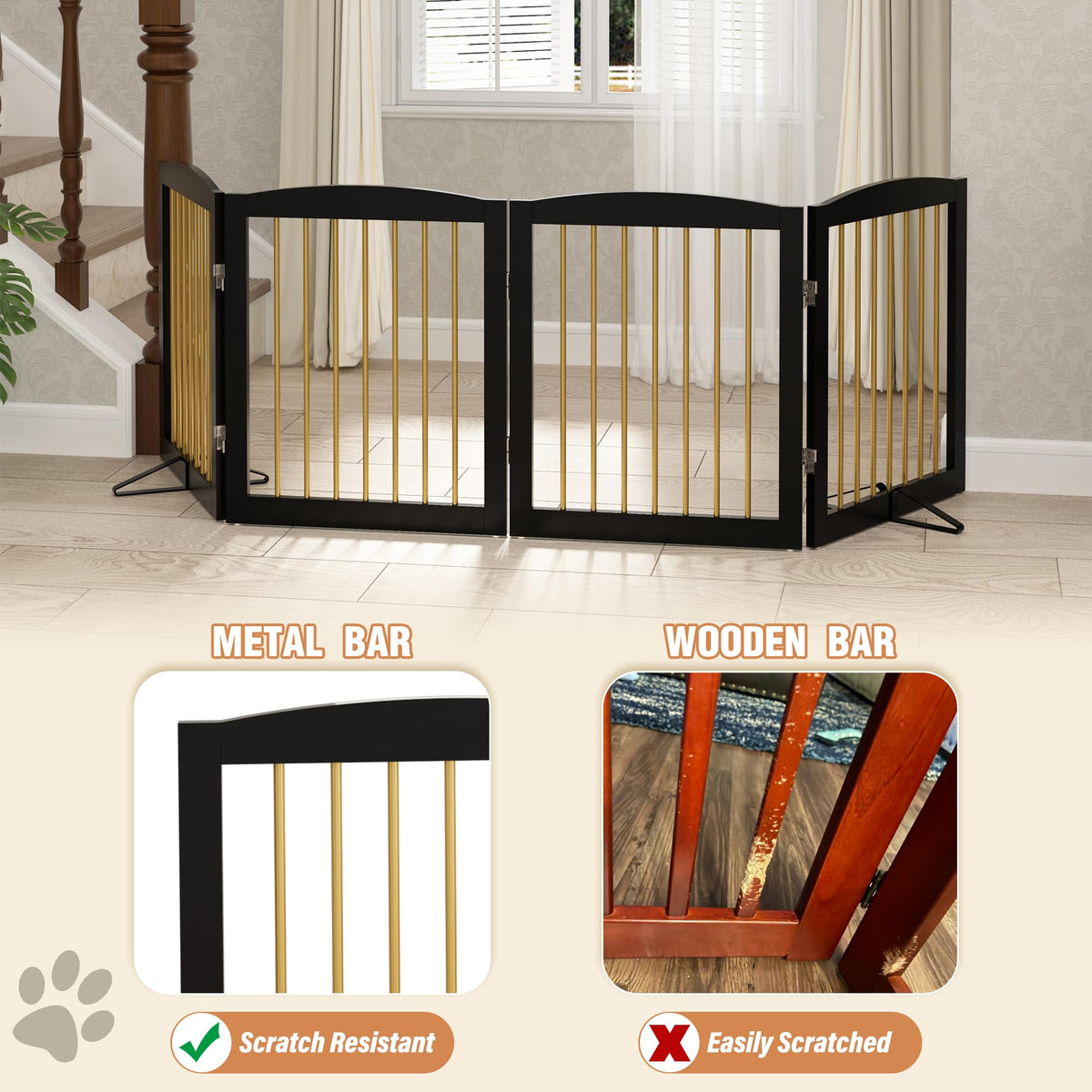 PUPETPO Freestanding Pet Gate for Dogs, Foldable Wooden Dog Gate for House, Indoor Dog Gate for Stairs, Doorways, Step Over Pet Puppy Safety Fence, 80 Inch Wide, 4 Panels 24", Black & Gold