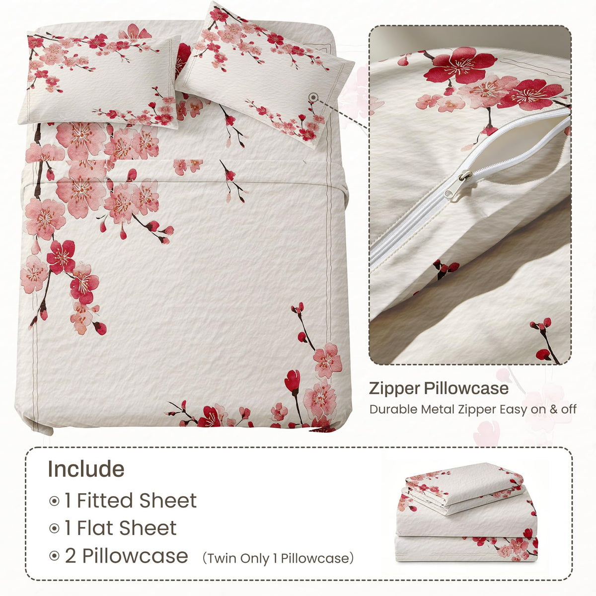 Cherry Blossom Full Sheet Set Japanese Red Flower Flat Fitted Sheet Sets