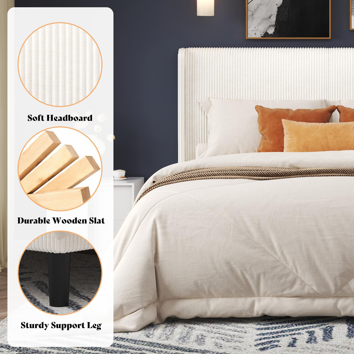 AMERLIFE King Bed Frame, Upholstered Platform Bed with Corduroy Headboard, Easy Assembly Modern White Bed Frame with Wooden Slats Support, No Box Spring Needed