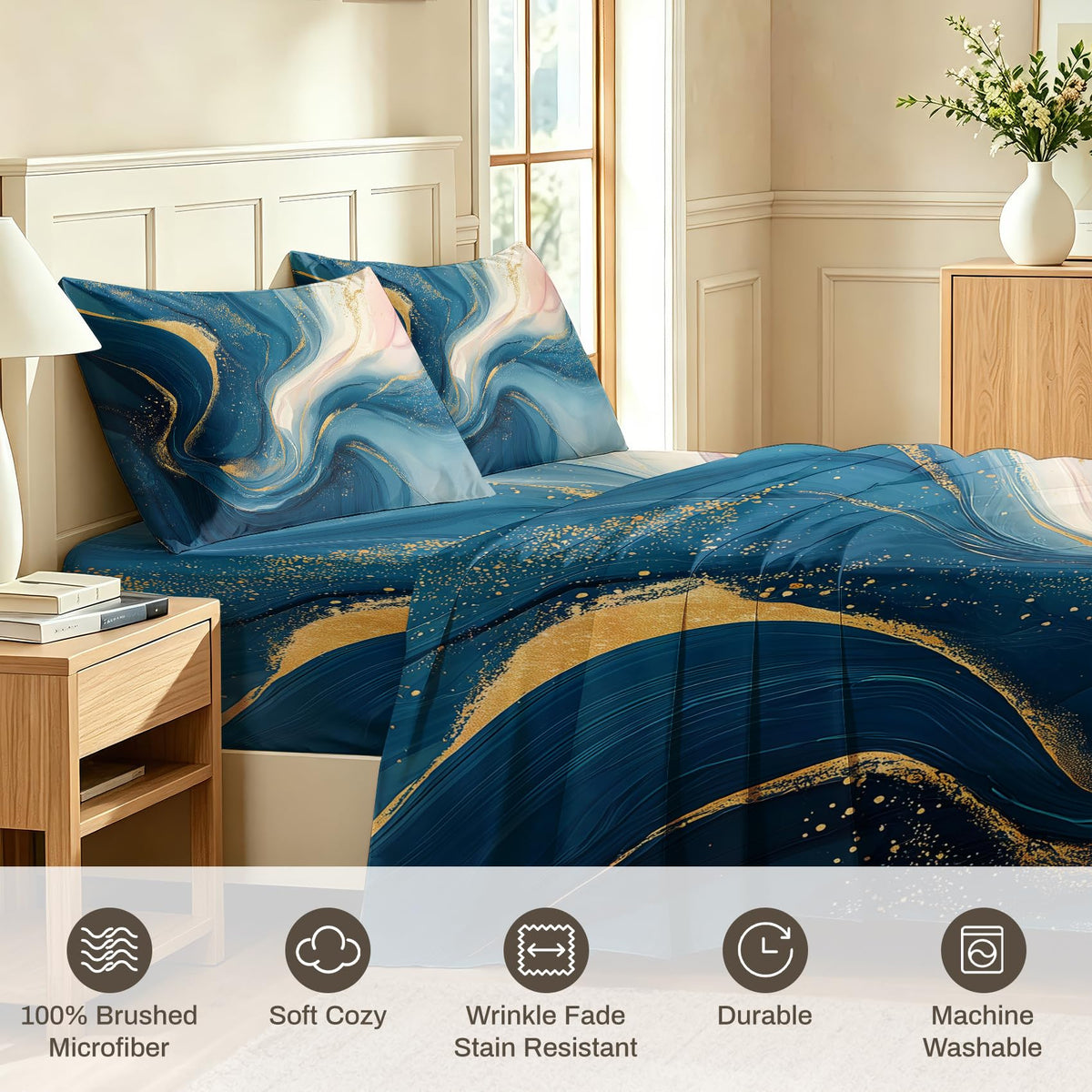 Marble Bedding Set 4 Pcs Fluid Liquid Swirl Full Sheets, Blue Gold