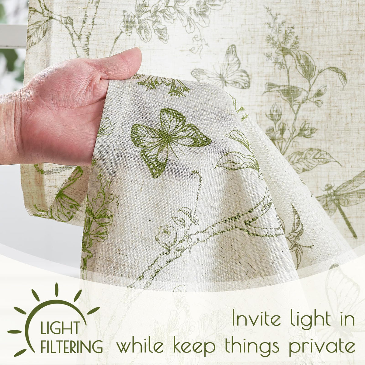 Lazzzy Linen Floral Kitchen Curtains 36 Inch Long, Green Farmhouse Kitchen Window Rustic Country Small Curtains Rod Pocket Tiers, Set of 2, Green on Beige