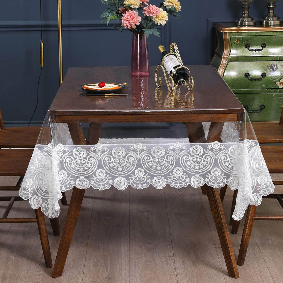 Clear Plastic Rectangle Tablecloth Vinyl Waterproof Table Cloth Embroidered Lace Edge Transparent Table Cover for Dining Kitchen Outdoor(52 x 70 inch, White)