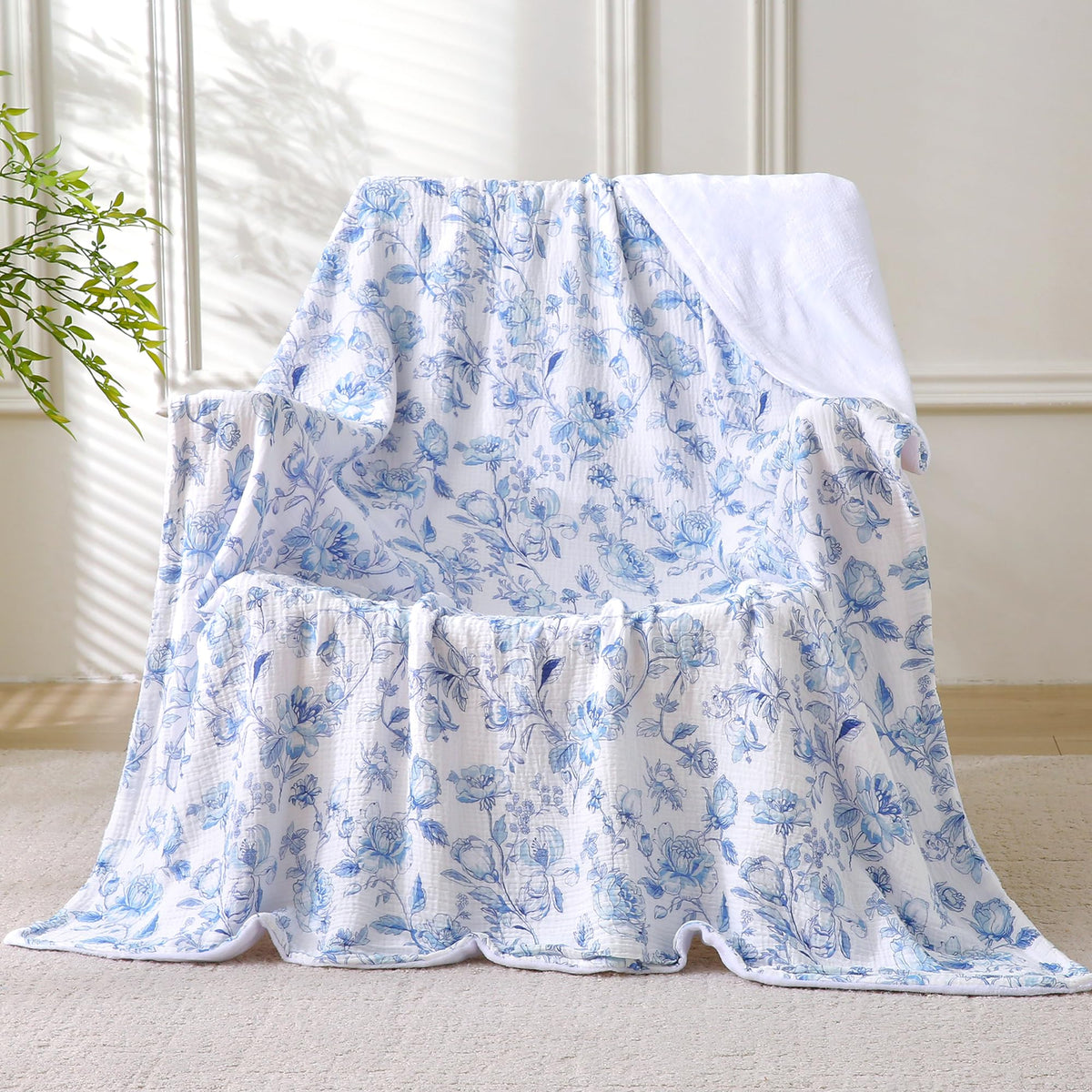 Muslin Blankets for Adults Reversible Throw Fleece & Gauze, Soft Cozy Lightweight Breathable Blue Floral Blanket for Bed Couch, Double Layer Muslin Throw Cover 90"x90"
