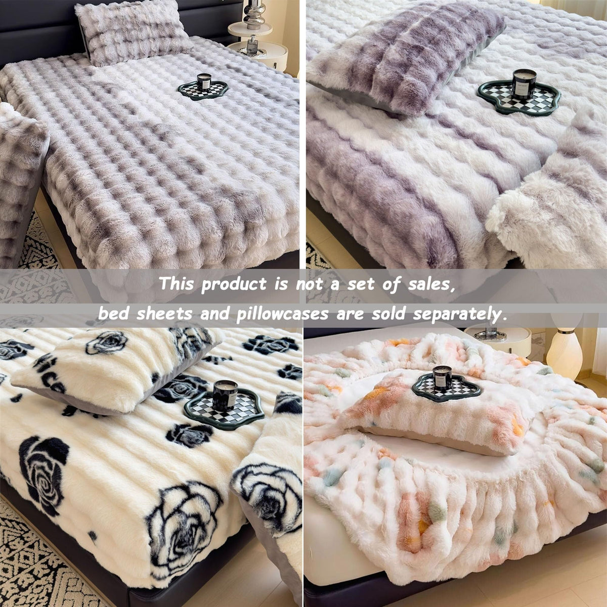 Elastic Bed Sheets, Milk Velvet Fitted Sheet, Winter Warm Mattress Cover, Faux Rabbit Fur Fitted Sheets, Fluffy Mattress Protector Bedspread, Machine Washable and Non-Fade(D,2 Pillowcases)